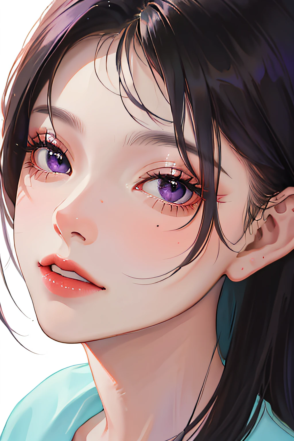 (highest resolution, distinct_image) The best quality, a woman, masterpiece, highly detailed, (semi-realistic), long black hair, long straight hair, black hair bangs, purple eyes, mature, cherry glossy lips, white background, close-up portrait, solid circle eyes, minimalistic