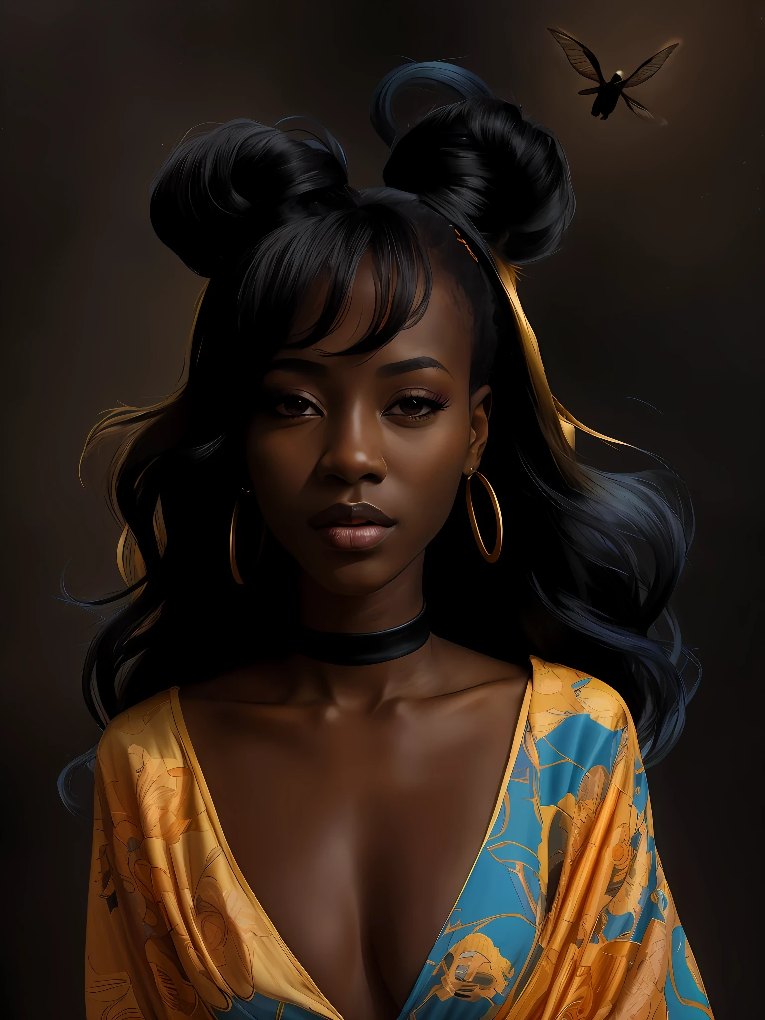 Vintage 90's anime style. close up portrait of a beautiful ((black dark skinned)) 27 year old ((African female)) on a marble platform in a very colourful flower filled plain on a bright sunny day, sun in sky, super realistic facial features, colourful futuristic clothes, sunny, raw, epic, film stock, sky full of birds, brightly lit, African woman wearing flowing robes flapping in the wind, patterns from dress fly into the wind; by Hajime Sorayama, Greg Tocchini, Virgil Finlay, sci-fi, colors, neon lights. line art.