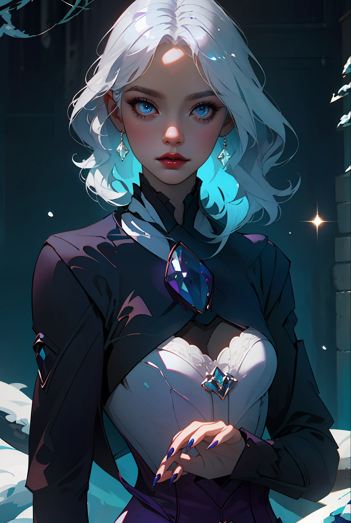 8k, 8k wallpaper, (an extremely delicate and beautiful:1.1), (beautiful detailed eyes:1.3), (best illustration:1.1), (best quality:1.3), (best shadow:1.1), (cinematic lighting:1.2), detailed eyes, (detailed_light:1.1), (dreamy:1.1), (extremely detailed CG unity 8k wallpaper:1.1), highres, (masterpiece:1.3), official_art, ray tracing, (stylized:1.3), trending on artstation, (ultra_detailed:1.2)
//STYLE
crystal, crystal_hair, sparkle
//POSE & COMPOSITION
1girl, biting_lip, hand_to_own_face, lips, looking_at_viewer, parted_lips, portrait, solo
//CHARACTER
Purple_nails, bangs, aqua_nails, breasts_apart, blue_eyes, eyelashes, eyeliner, feather_boa, flowing_hair, fur_trim, lace, lace_brim, lonely, long_fingernails, long_hair, makeup, medium_breasts, nail_polish, purple_lips, red_lipstick, shiny_hair, silver_hair, very_long_hair, white_corset, white_hair, winter_clothes, gems, crystal_hair
//BACKGROUND
Magic forest, crystal trees, snow, snowing, tree, magic particles
//TI, HYPERNETWORK, LORA