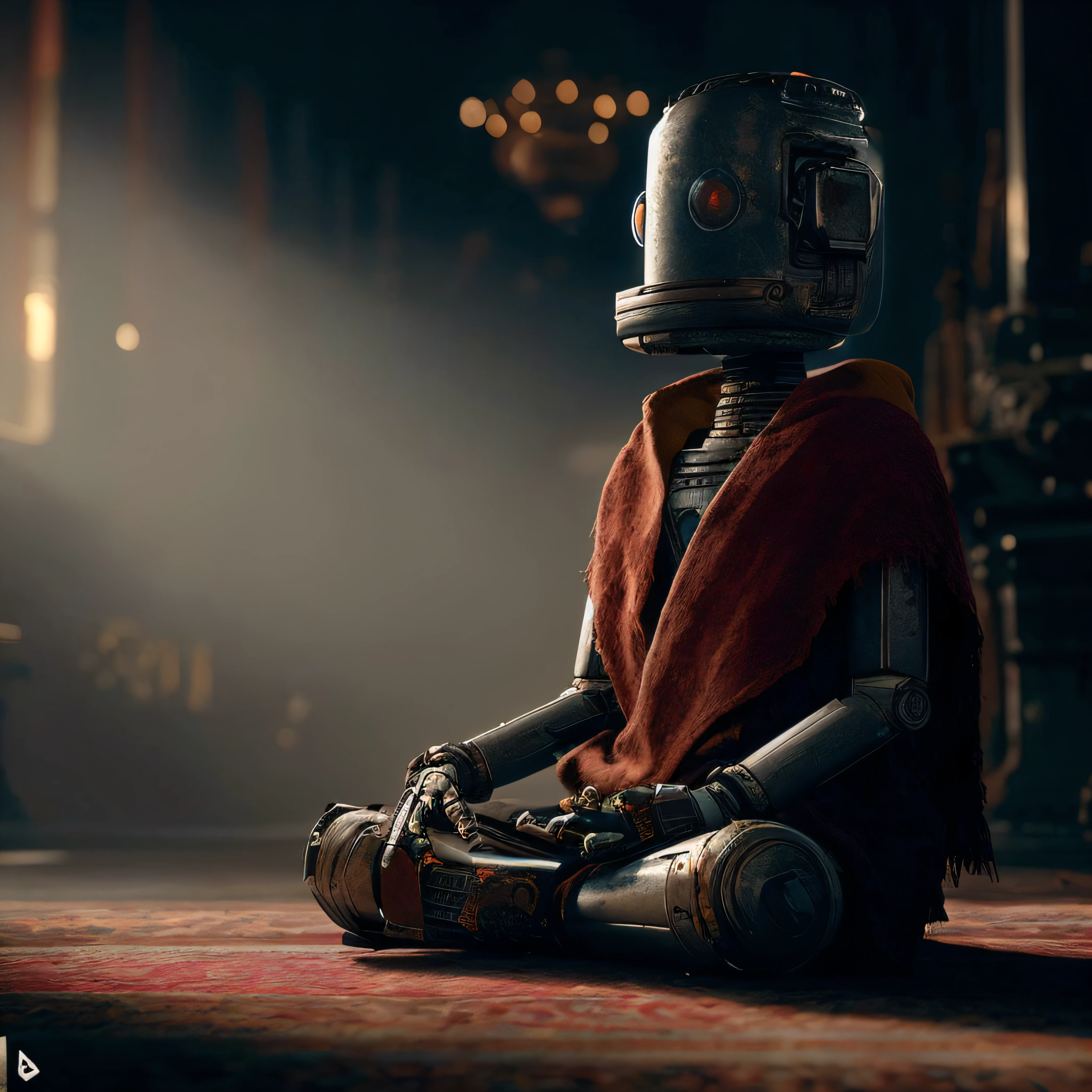 there is a robot sitting on the floor with a blanket, um ciborgue meditando, Personagem pequeno. Motor Unreal 5, very cute robot zen, close-up of a robot sitting down, Zen Cyberpunk Meditation, ps5 cinematic screen capture, cinematic unreal engine 5, 8k rendering", Unreal Engine 5 altamente renderizado, Solo Performance Unreal Engine