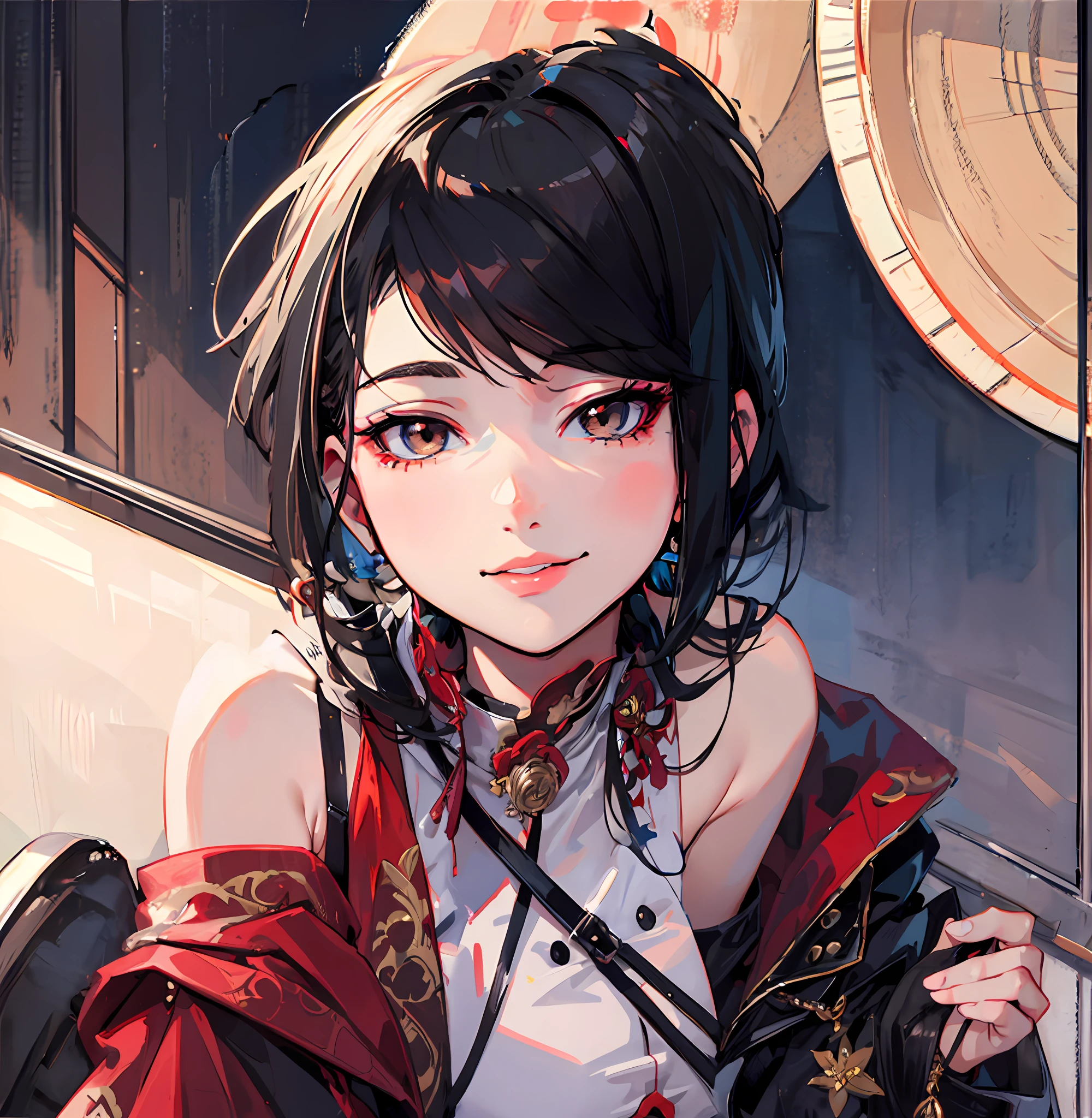 anime com cabelo preto e jaqueta vermelha sentada em um banco, estilo anime 4K, retrato detalhado da meninaime, menina animeto, retrato bonito do anime, arte de anime digital detalhada, retrato impressionante do rosto do anime, Retrato da menina do anime, R de uma garota de anime, Arte no estilo de Guweiz, retratos bonitos da menina do anime, menina bonita, black hair bobbles, wince, longeyelashes, solid circle eyes, light smile, ear blush, fang, Surrealism, drop shadow, anaglyph, stereogram, tachi-e, pov, atmospheric perspective, 8k, super detail, ccurate, best quality,