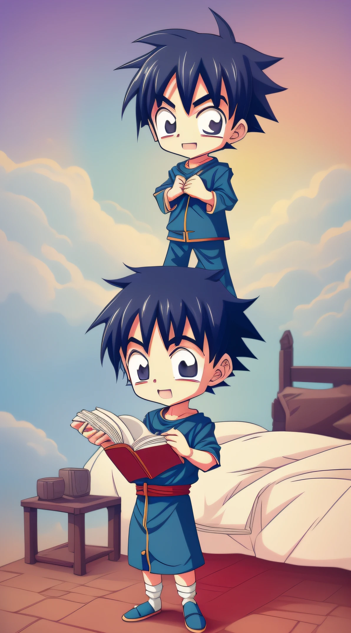 , character alone with bedroom, praying, bow down on his knees, praying alone on the bed, character with the demon in side, beautyful face boy closed eyes, beautyful character, 2D art, 2D characters, anime chibi style, closed hands each other, cute closed eyes, image immaculate, character art, photoshop illustration, high details, high resolution, RGB, SSS, HD, sizeimage 1800x1990, cute skirt, pants, better, cute mouth opened to talk in praying,chibi mouth, big and better eyebrowns fur, mix kimetsu no yaiba anime style, mix demon slayer anime style, lineart, digital painting, digital art, illumination profissional of night, ambient night, fog light night, blue color of skirt, white color of pants, book of bible in the bed, blue color of the book bible on the bed, spiritual demon looking angry in side of little boyharacters, not defects, mix quality of disney, mix dragon ball Z anime style, mix quality higher of 2D illustrations of disney pixar