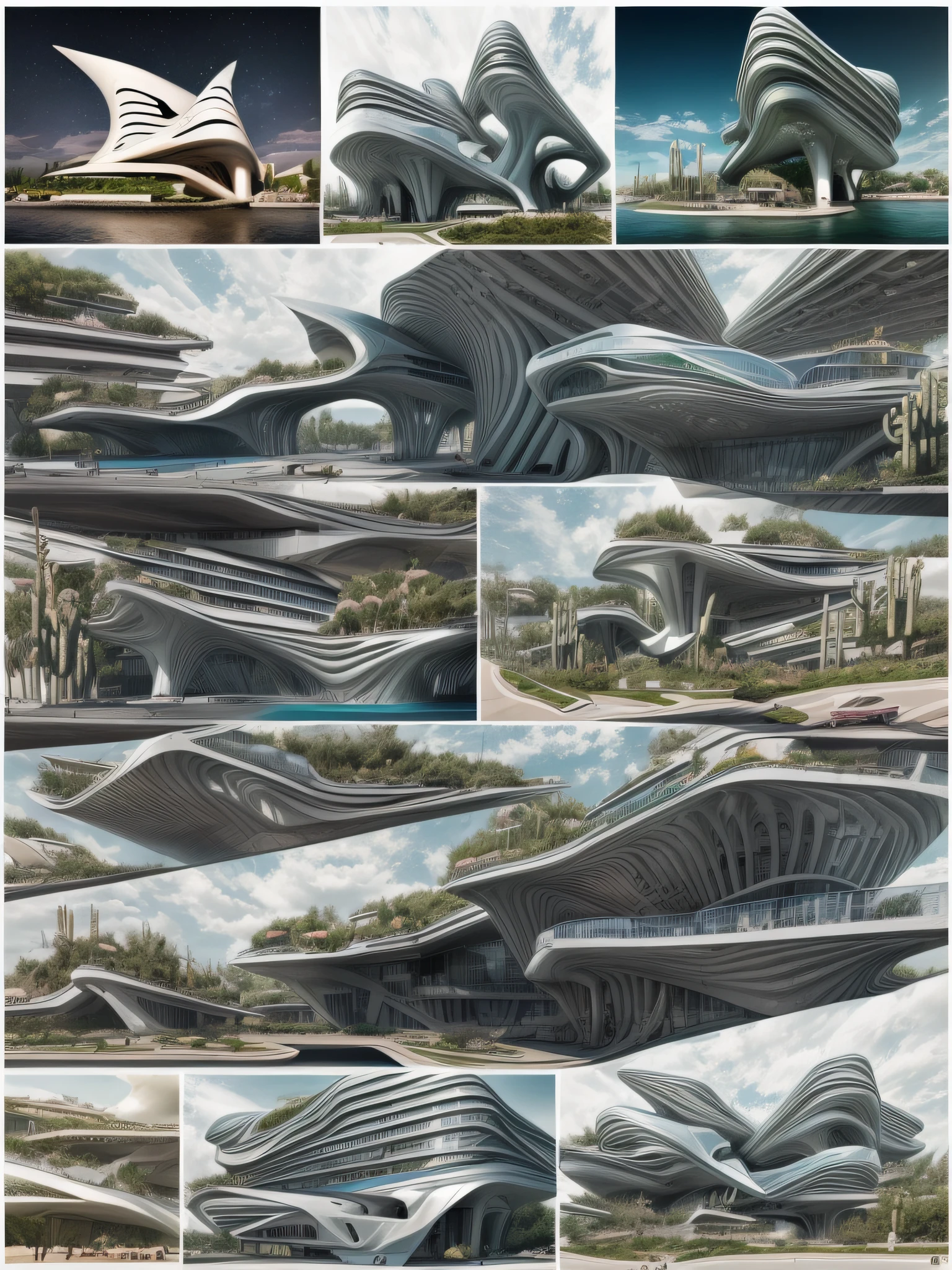 An illustration, ((collage style)), (((multiple Zaha Hadid's style buildings))), (((Marie-Laure Cruschi's art style))), (sections), ((Desaturated colors)), Cbig boulders), ((lake)), cacti, (smooth clouds), a bridge, stairs, the moon, big buildings, abundant vegetation, bushes, (((big geometric sculptures)))