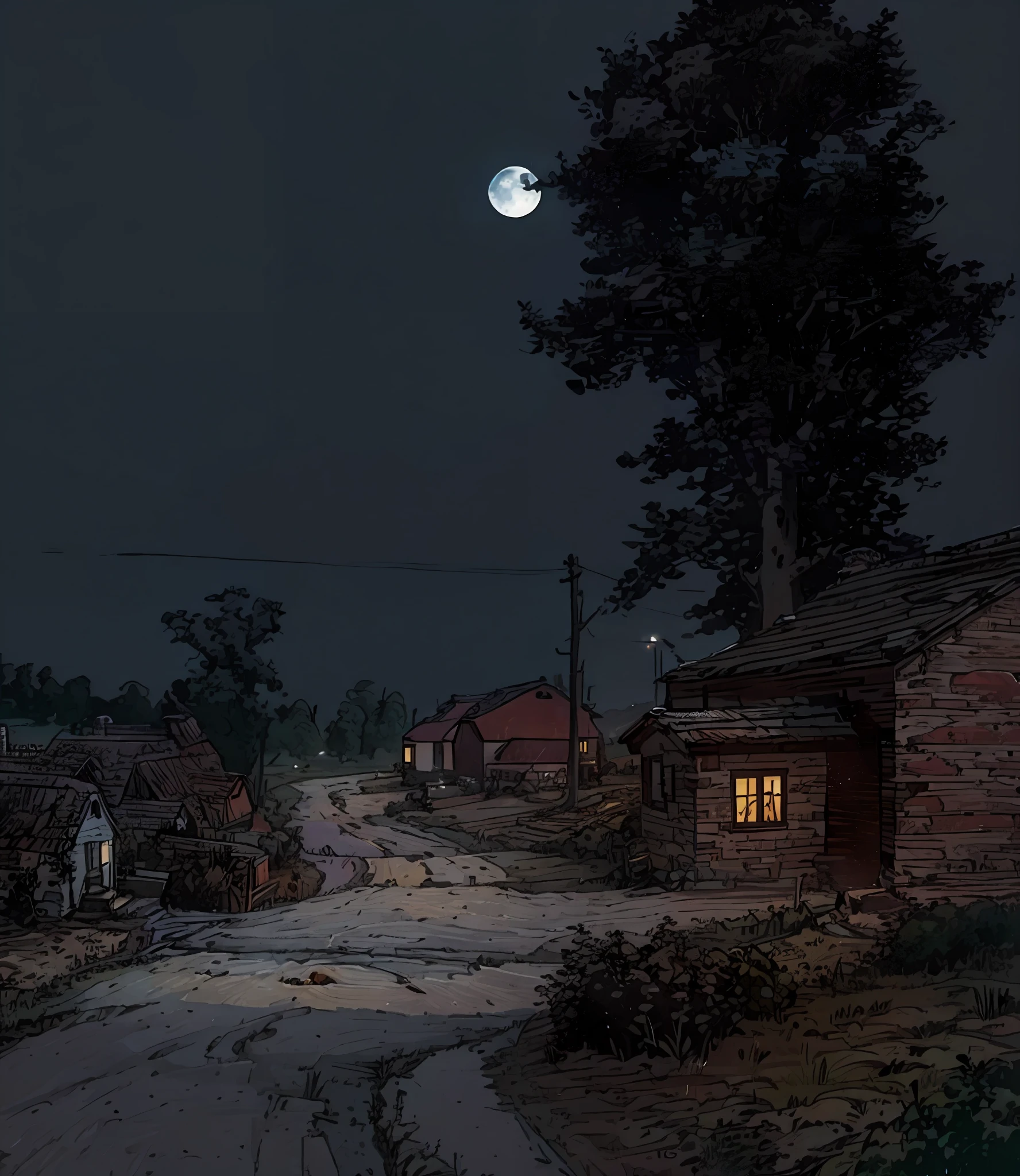 Cartoon Countryside Night,animejpholic,watercolor painting,Moon,Rural cottage ,narrow meandering footpath,path,tree,