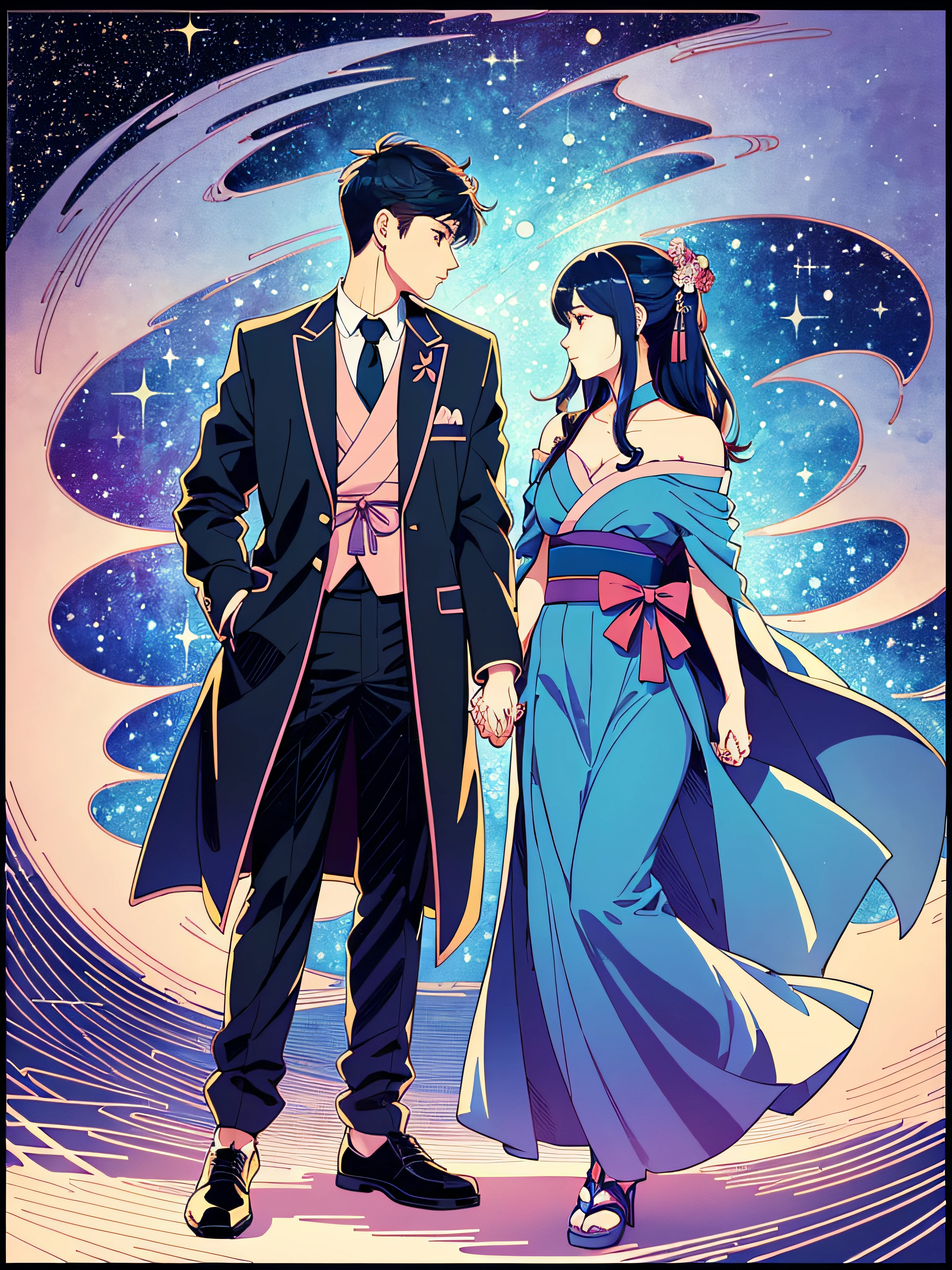 （（Couple holding hands，romance： 1.2））（A Masterpiece， Best quality， Official fine art， beauty face & aesthetics： 1.2）， （super-detail）， （（Tanabata Festival poster： 1.2）） （（Young man with short hair, sunshine and young woman with long hair holding hands，Perfect facial features and figure： 1.1）） （（Trendy outfit，：1.1）） Fine details，Best illustration，Hand drawn high quality，（High contrast），（Clean lines：1.3），（art），Line drawing，（Complex lines）， Clear lines，s fractal art，Stroke，Ukiyo-e style，（Full body portrait back，Perfect body，Extreme close-up：1.1），（Beautiful，romance：1.1） 1.1）（Ran held hands：1.1），The perfect feature of a supermodel，Starry night，Milky Way Starry Sky（Add details），（Detailed background：1.2）， （core，），high res，Extreme detail（（Super art，Quiet blue and pink crystal color contrast：1.2））（A masterpiece，Illustration style：1.2）succinct，New Chinese style，(Half-body display: 1.2) (Large wide-angle scene: 1.2)