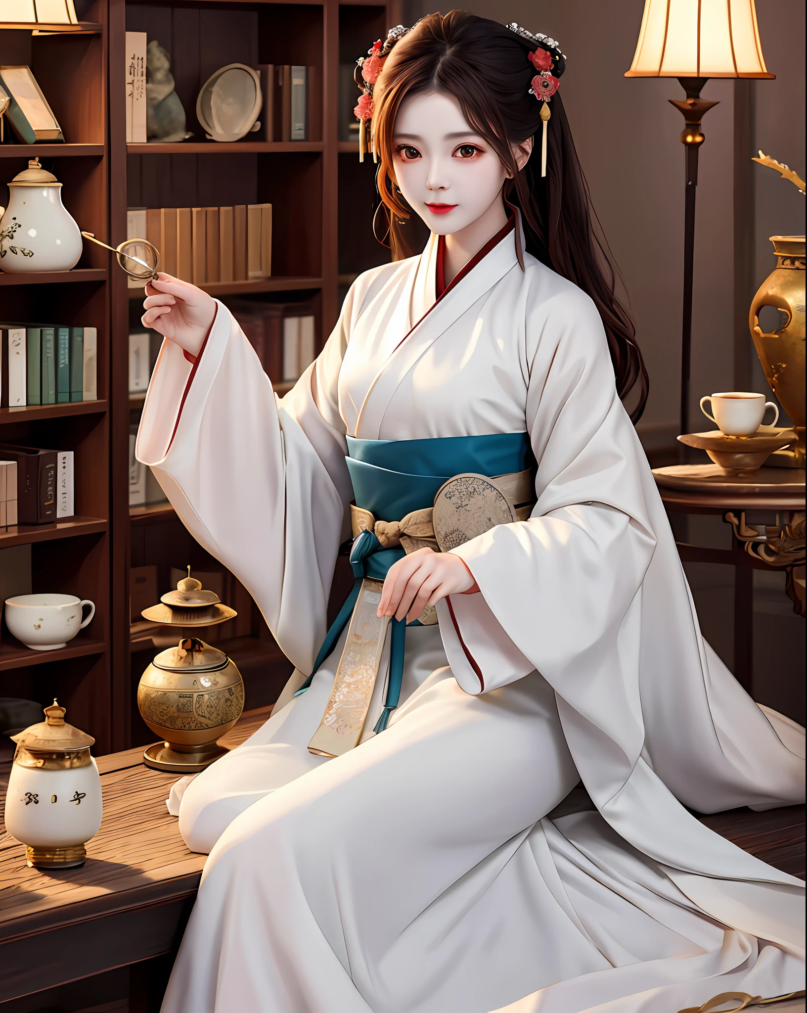 Excellent, masterpiece, high resolution, 1 woman, beauty, Hanfu, white robe, indoor, tea, incense burner, bookcase, oil lamp, warm light