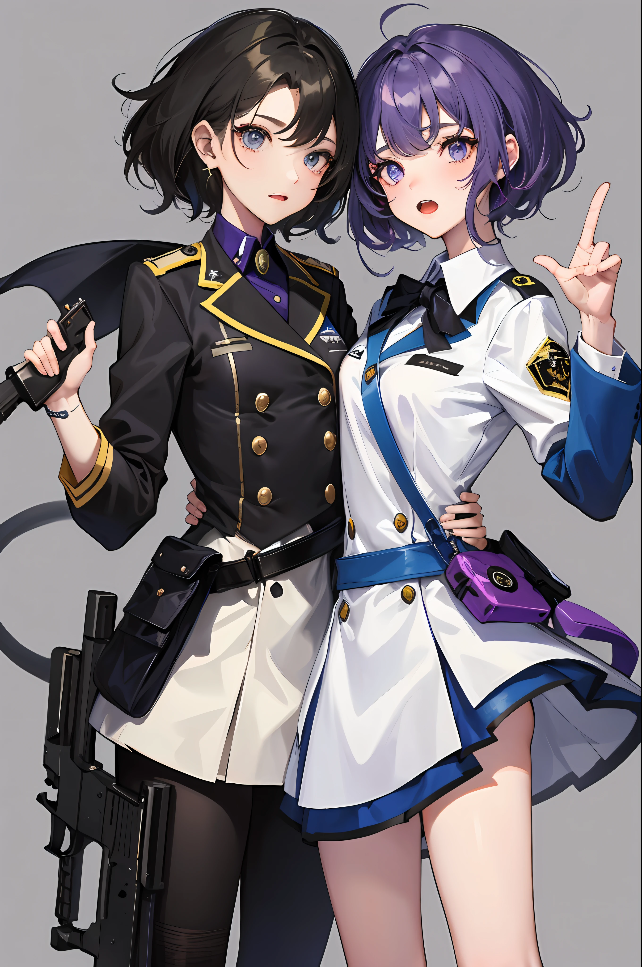 2girl simple background、And {{Master peace}}, short wavy hair, navy hair, black cat ear, Blue eyes,uniform、With a gun、discord、And {{Master peace}}, {{{maximum quality}}}, {{ultra- detailed}}, {{illustration}}, {{{a 1girl}}}, short hair,Purple eyes,Black hair,uniform、With a gun、discord、Battlefield Background、