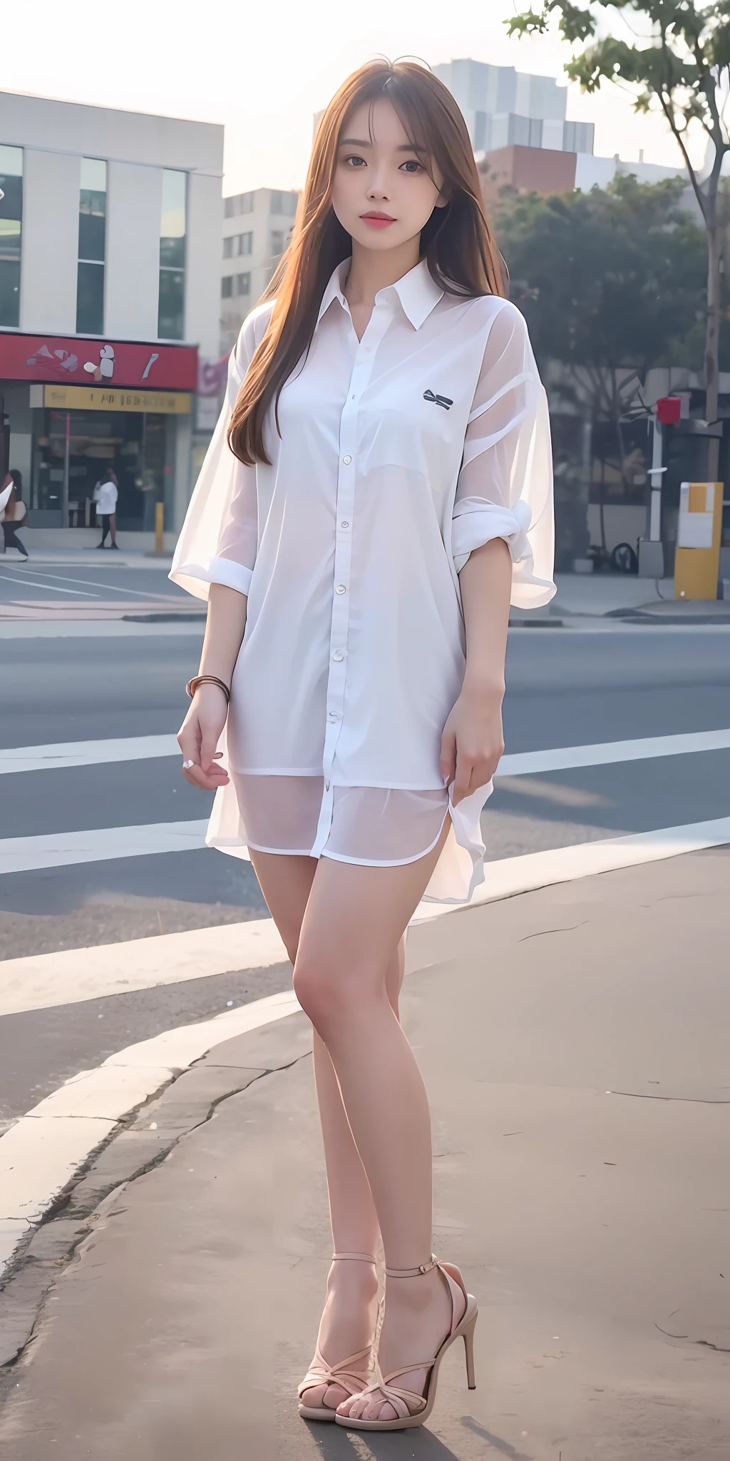 mix4, 20d, solo, long_hair, shirt, dress, high_heels, full_body, look_at_viewer, (8k, RAW photo, best quality, mastery:1.2), (realistic, photo-realistic:1.37), professional lighting, photon mapping, light energy transfer, physically based rendering,