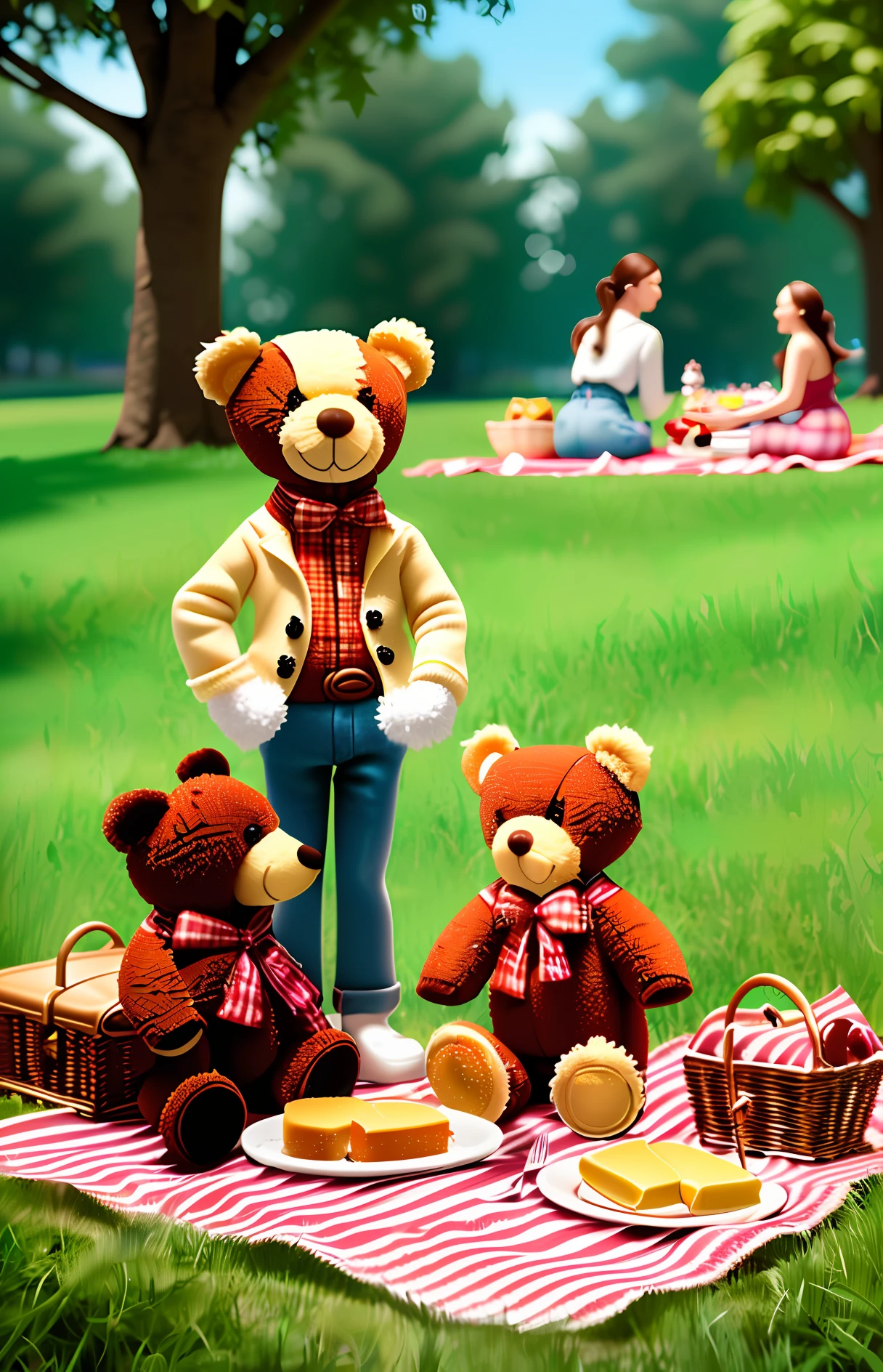 Pixar render Disney style Teddy bears having a picnic in a pretty park