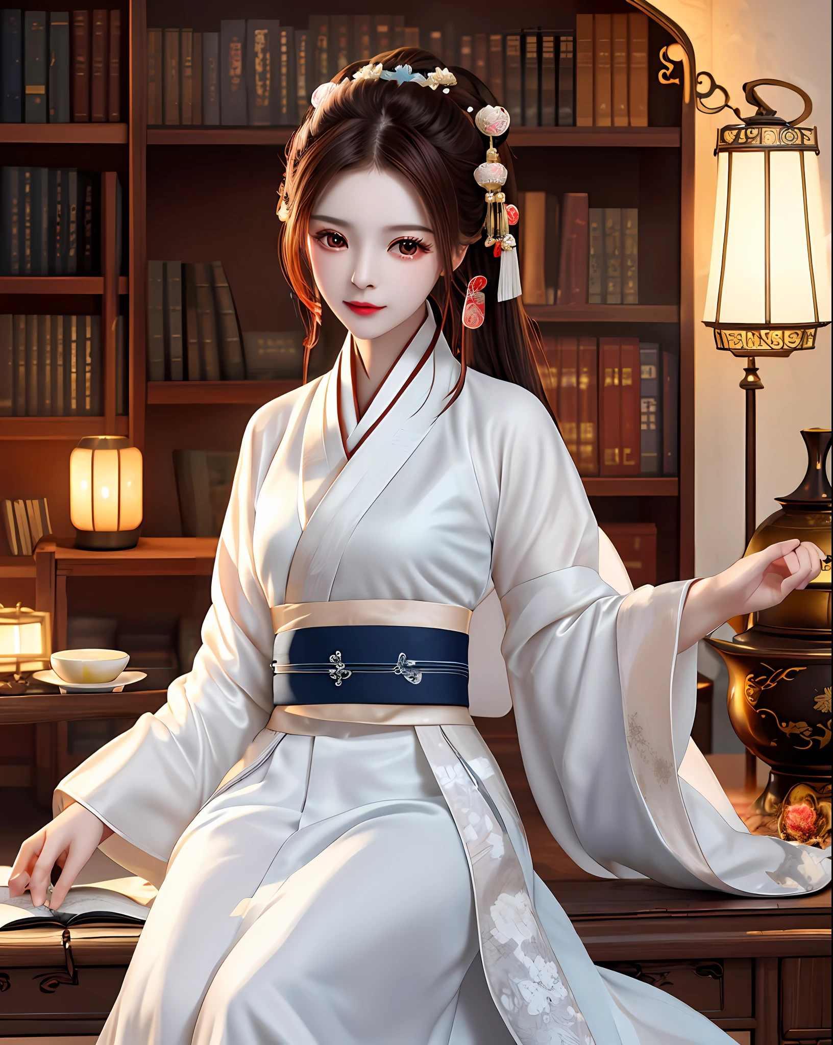 Excellent, masterpiece, high resolution, 1 woman, beauty, Hanfu, white robe, indoor, tea, incense burner, bookcase, oil lamp, warm light