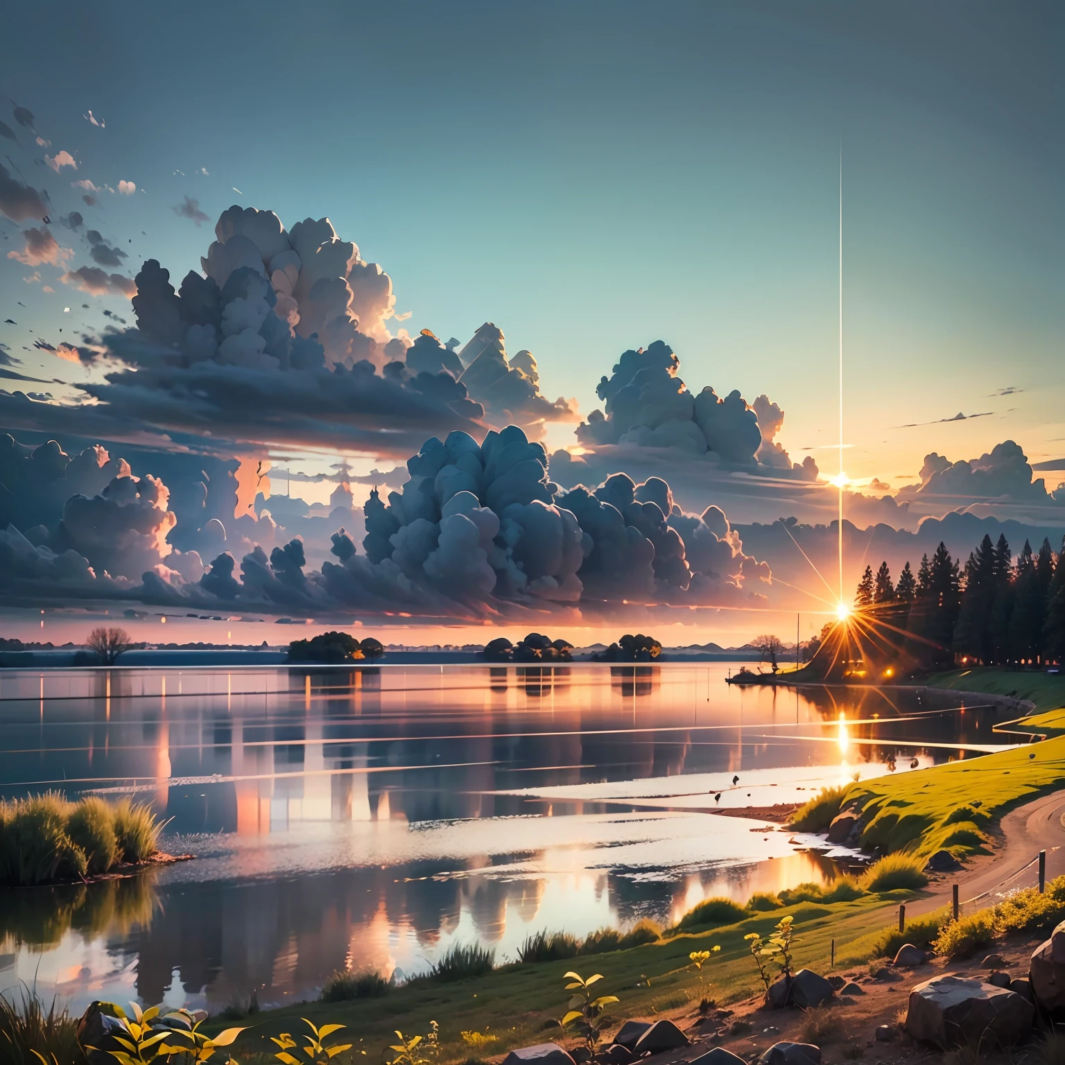 Trees and bushes in the park, sunset, hazy sunlight and mystery in the background, spring morning, sunset warm spring, cold sunny weather, beautiful evening, sun in the background, sun setting, sun inflowing, evening sun, early morning sun, sunny wide-angle lens, winter residue on the water surface, light and shadow contrast, 4k, super masterpiece, high quality photography