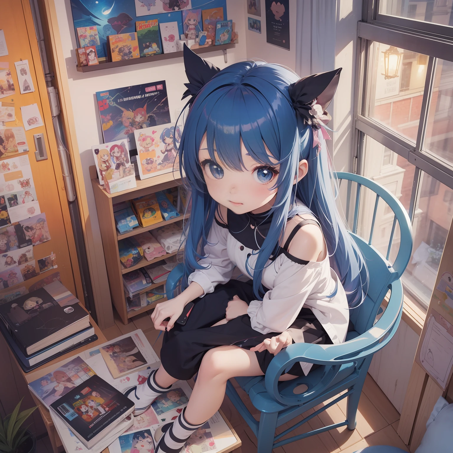Cartoon girl with long hair sitting on chair、Cartoon Art Style、Cartoon Cute、Chibi Girl、cute cartoon style、cute art style、Cartoon style、Charikature、Cartoon style illustration、Digital art of cartoons、Cartoon Art Style、cute digital art、Portrait of a cute anime girl、Chibi、Chibi Style、Cute pretty girl 2 cartoon girl with long hair sitting on chair、Anime drawings、Winner of the deviantart contest、pop art、Cartoon Art Style、Cartoon Cute、Chibi Girl、cute cartoon style、cute art style、Cartoon style、、Cartoon style illustration、Digital art of cartoons、Cartoon Art Style、３Equivalent、Head large、２D、２D Anime Girl、２D anime character chibi cute girl、Smartphone、cellular phone、Blue hair、Blue hair color,night、Midnight、Window at night、Night view from the window