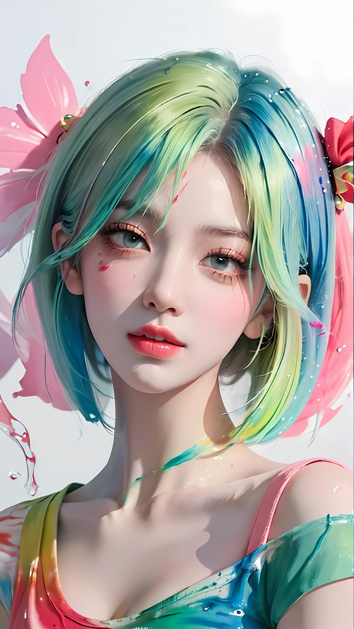 (Masterpiece, Best Quality, High Resolution), White Background, ((Paint Splash, Color Splash, Splash of Ink, Color Splash)), Sweet Chinese Girl, light green Hair, Pink Lips, Front, Upper Body