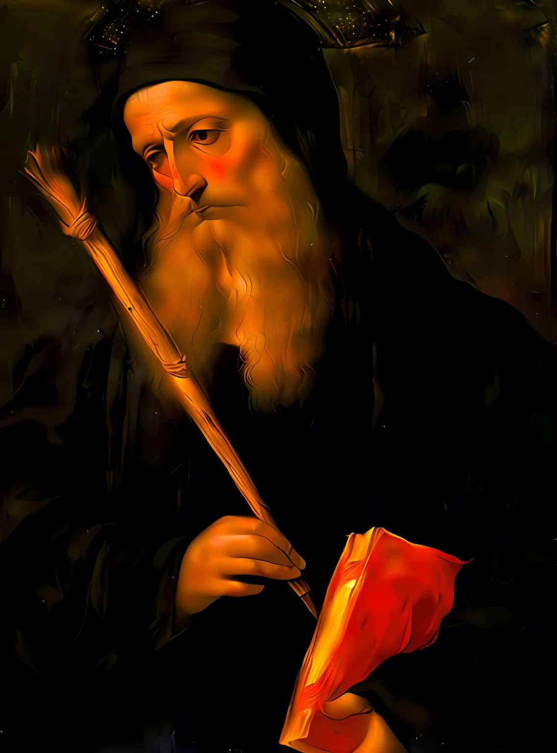 um close up de uma pintura de um homem idoso com uma longa barba segurando um livro, Leonardo DiVinci, leonardo da vinci style, Direction: Prezado Bellini, inspirado em Mariotto Albertinelli, inspirado em Giovanni Bernardino Asoleni, no estilo de Leonardo da Vinci, Direction: John Bellini, inspirado em Jacopo Bellini, inspirado em Giovanni Bernardino Azzolini --auto
