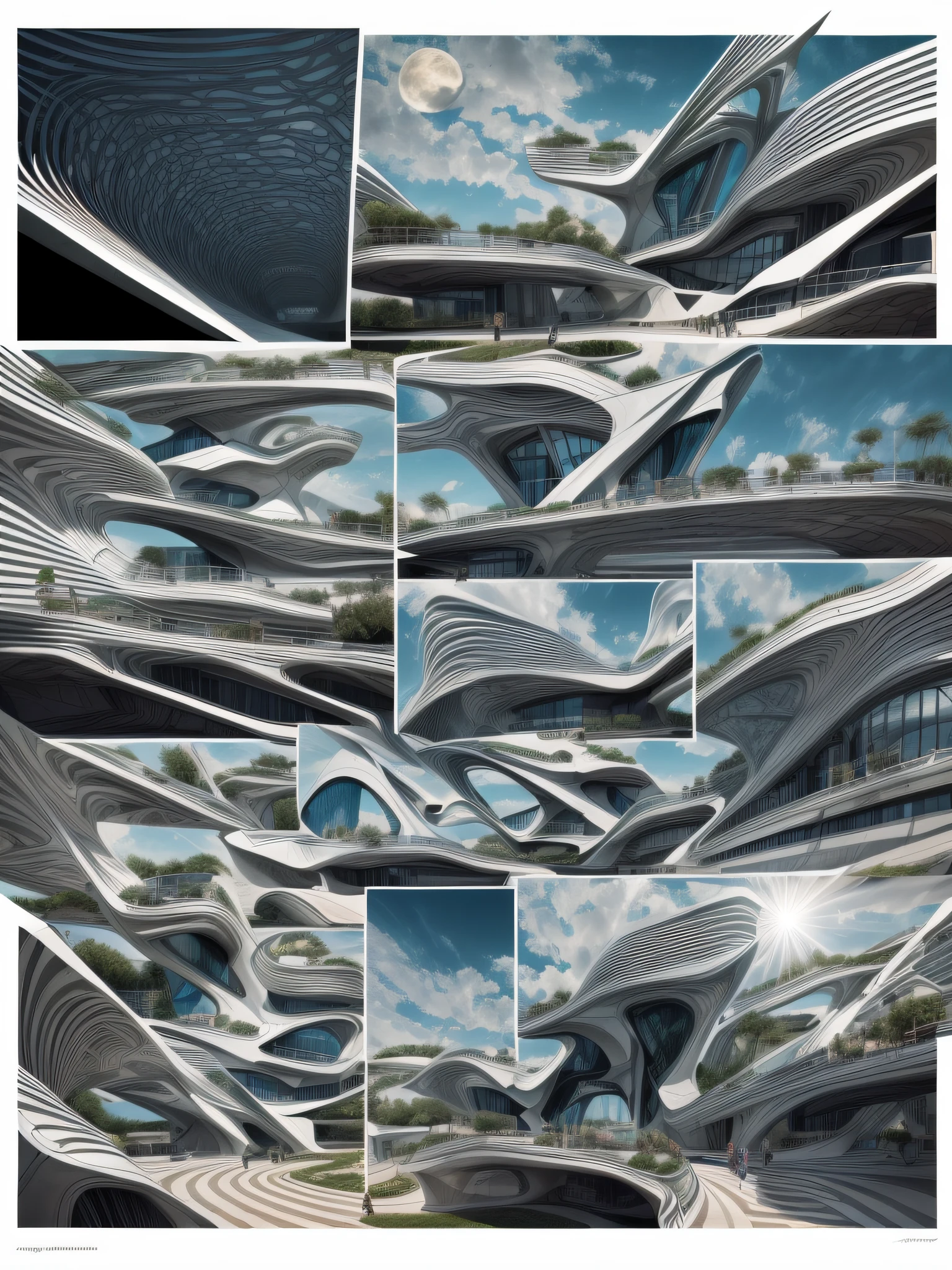 An illustration, ((collage style)), (((multiple Zaha Hadid's style buildings))), (((Marie-Laure Cruschi's art style))), (sections), ((Desaturated colors)), Cbig boulders), ((lake)), cacti, (smooth clouds), a bridge, stairs, the moon, big buildings, abundant vegetation, bushes, (((big geometric sculptures)))