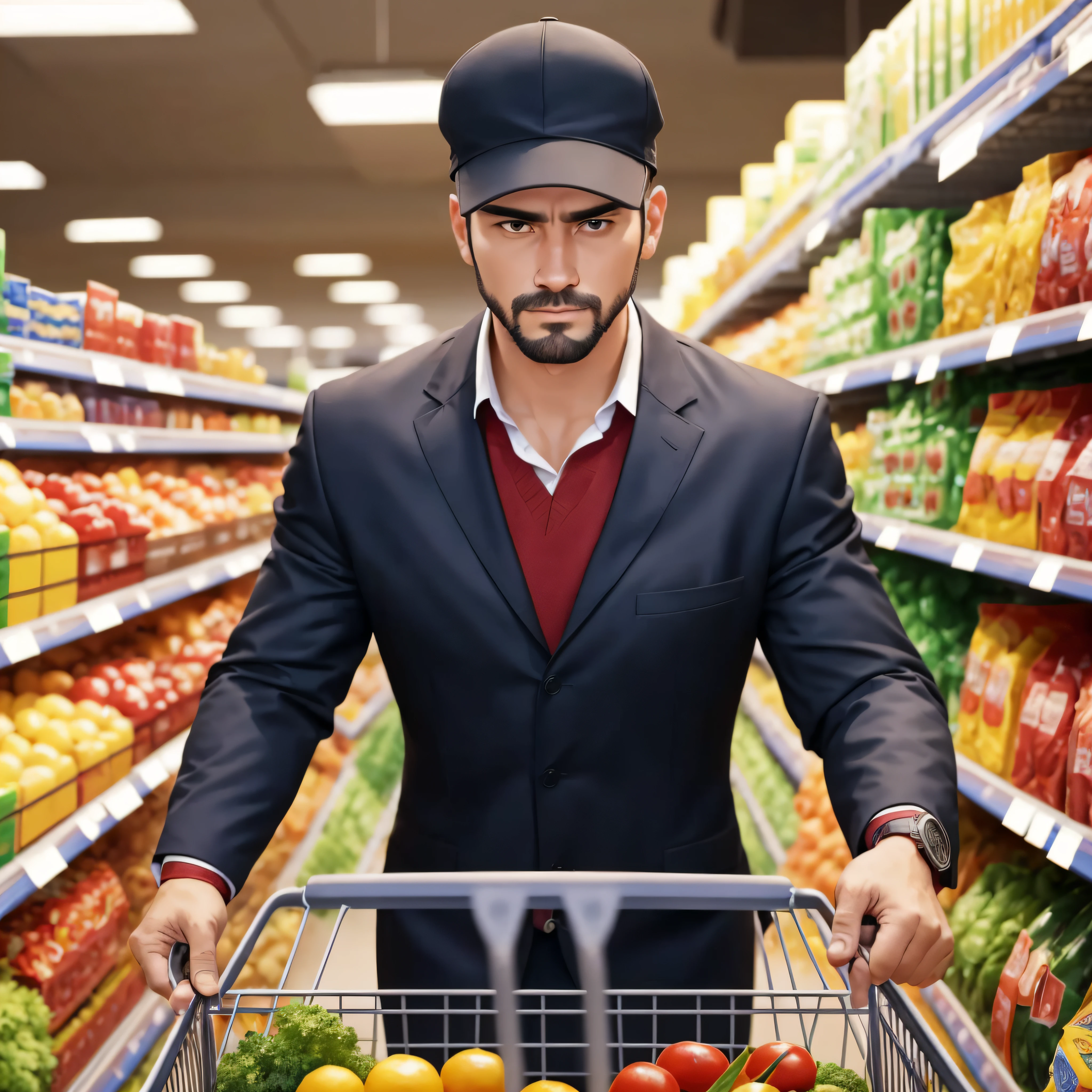 (best quality, masterpiece, ultra resolution), 1men, in supermarket with trolley, looking at shelf with suprise face, (realistic:1.37), short pant, hat