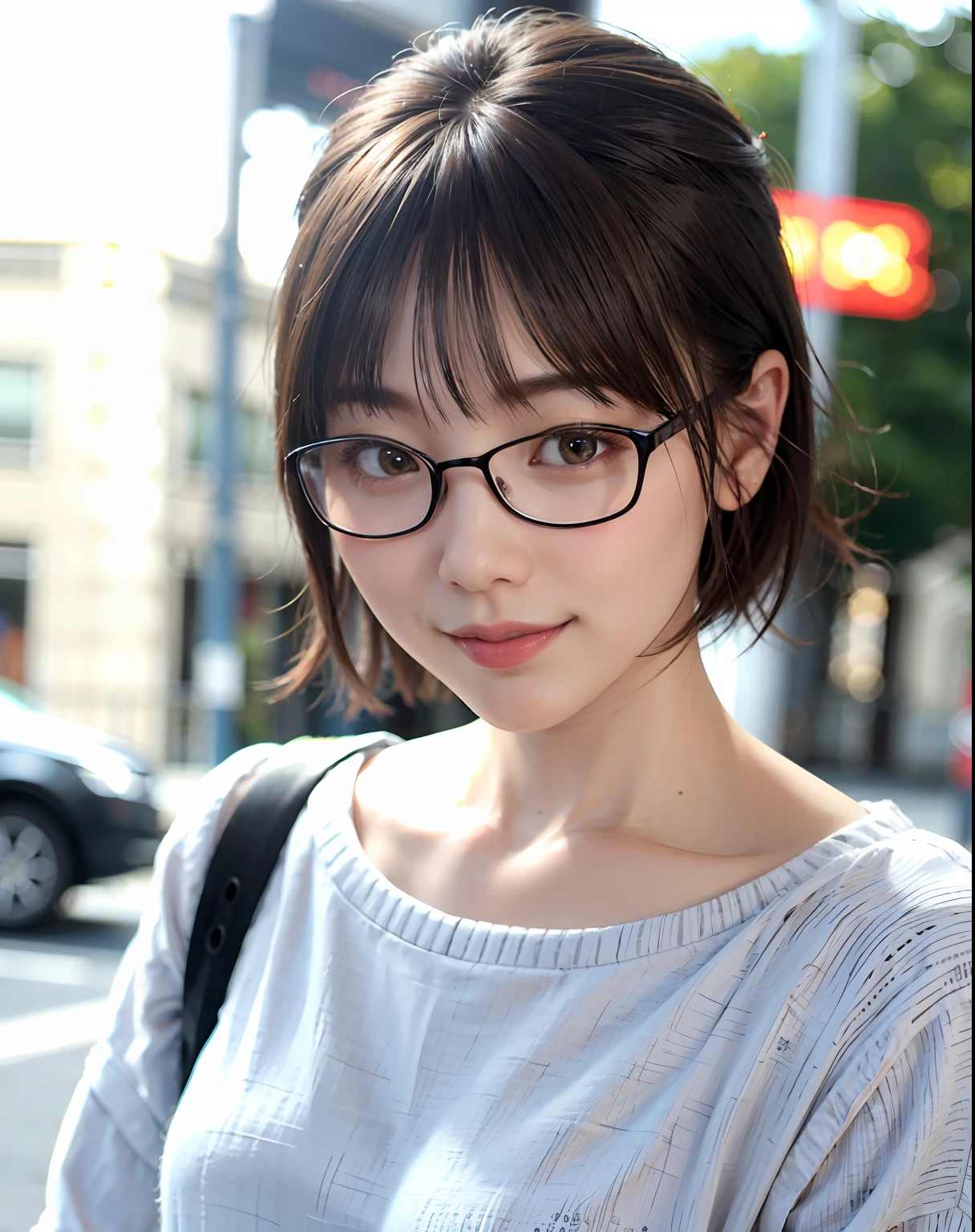 Woman posing on street corner in casual clothes、maximum quality、girl 1 person、small chest、jour、brightly lit、Blur background、Bokeh、out door、(street:0.8)、Woman with glasses、Glasses with a thin frame、Round lens glasses、Thin golden glasses frame、sweater:1.5、Light blue sweater:1.2、Blue dress:1.5)、Luxury(short hair、Forehead:1.2)、Beautiful skies in every detail、(dinamic pose:1.2)、 (upper body:0.5)、Soft lighting、wind blow、glowy skin、a smiling look、