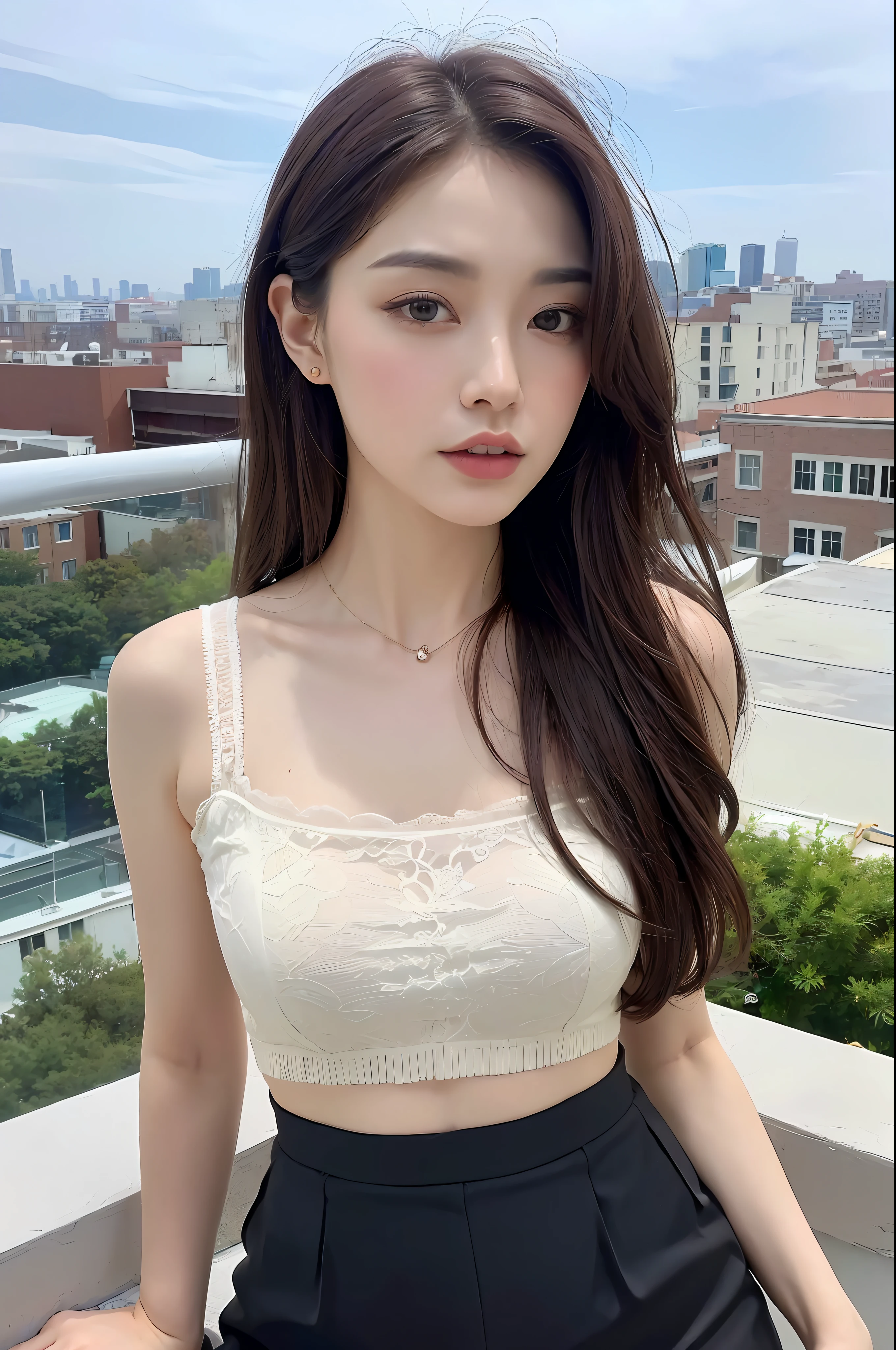 ((Top Quality, Portrait, Masterpiece, 8K Wallpapers:1.3)), Perfect Body, Beautiful Face, Delicate Eyes, Big ((Dark Brown Hair, Long Hair, Underwear Upper Body Skirt: 1.3)), Long Legs, Rooftop, City View, Open Legs