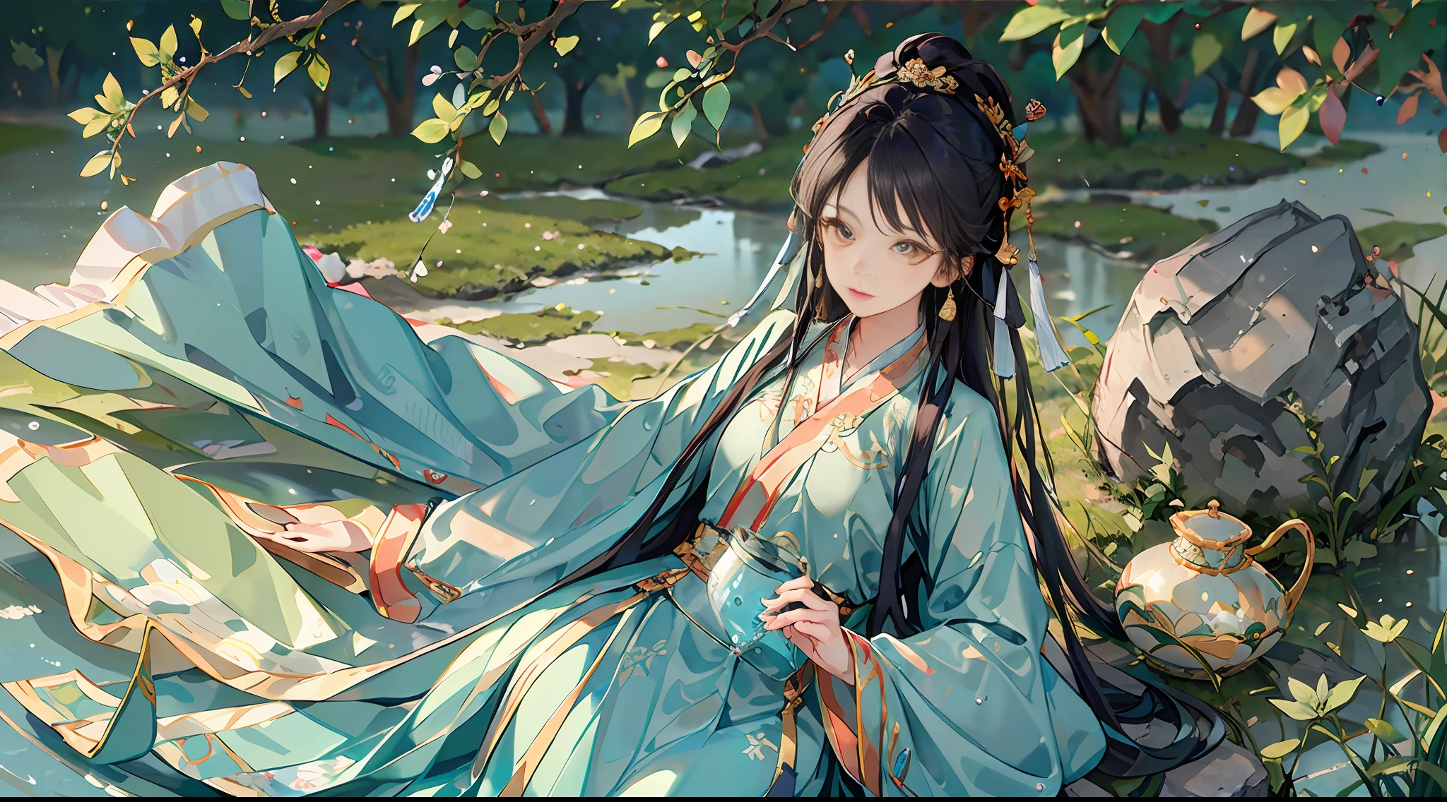 best quality, intricate details, highres,(beautiful detailed water:1.4),(hanfu, tang style),yellow eyes,(1girl in glass jar:1.1),