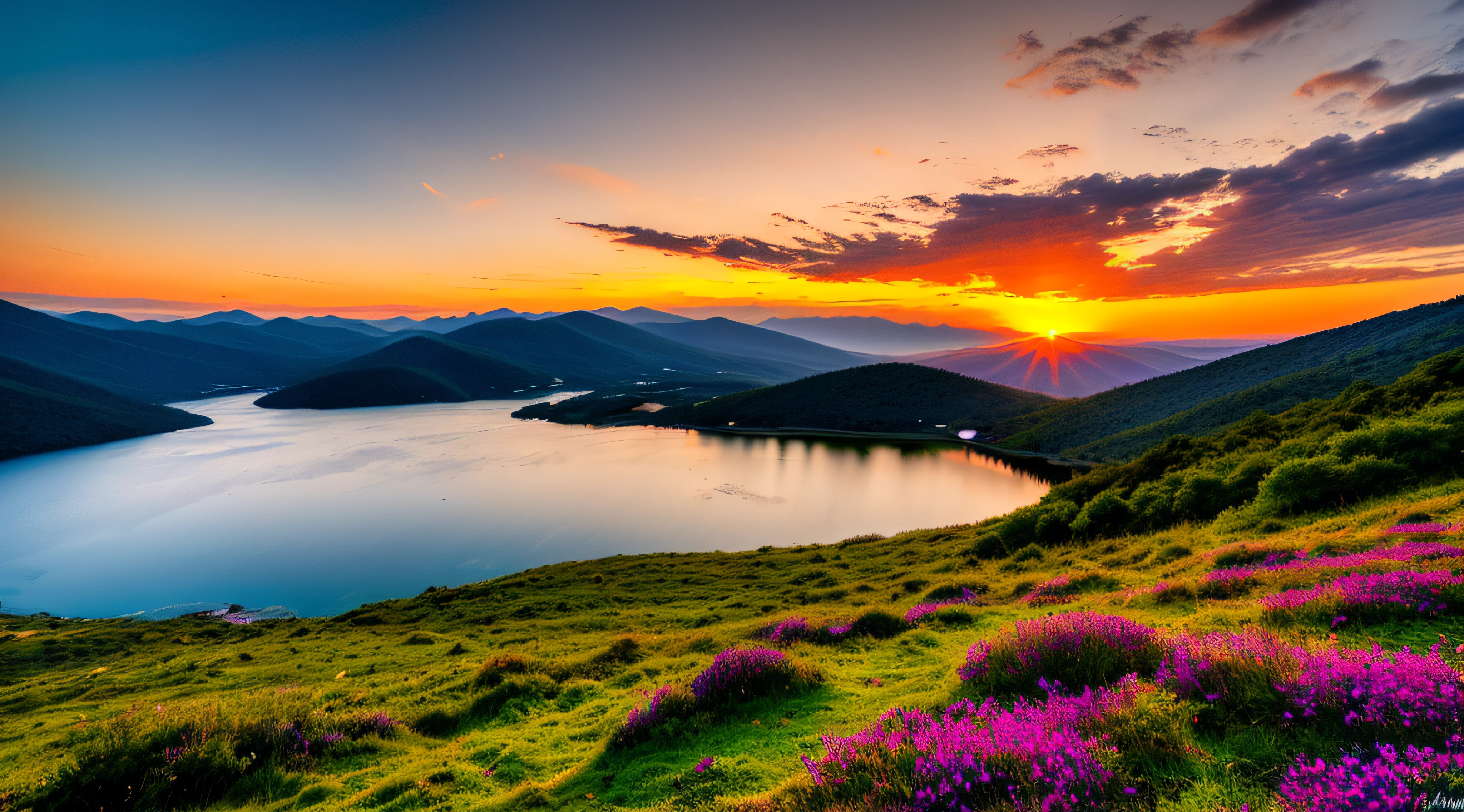 Sunset on mountain, lago sob a montanha