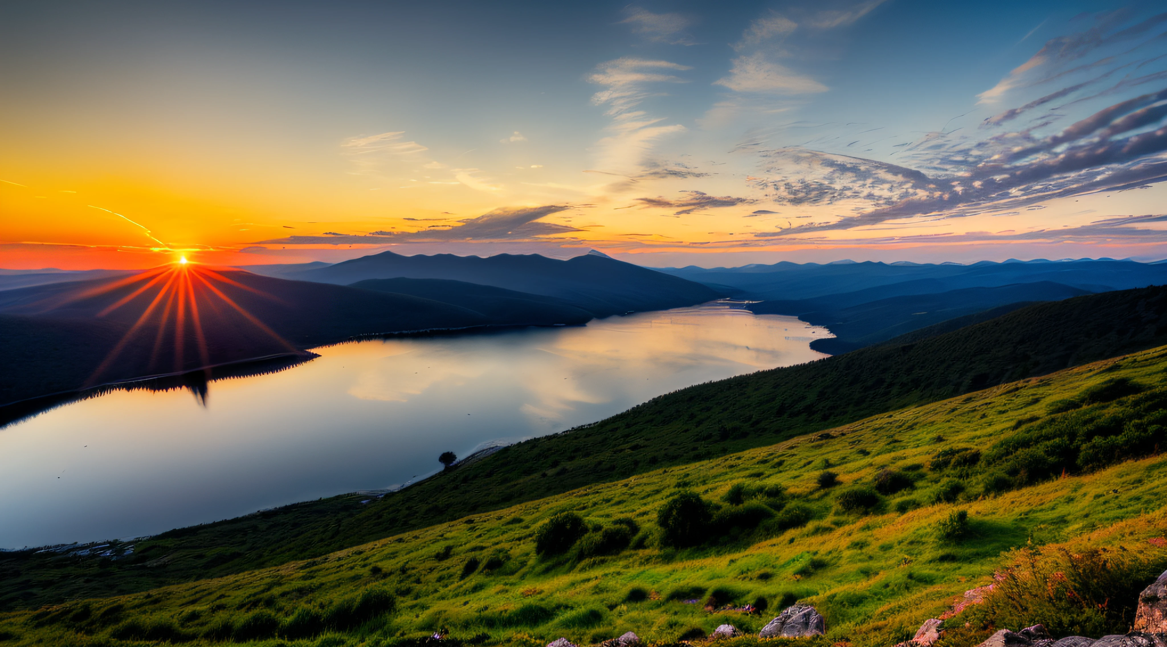 Sunset on mountain, lago sob a montanha
