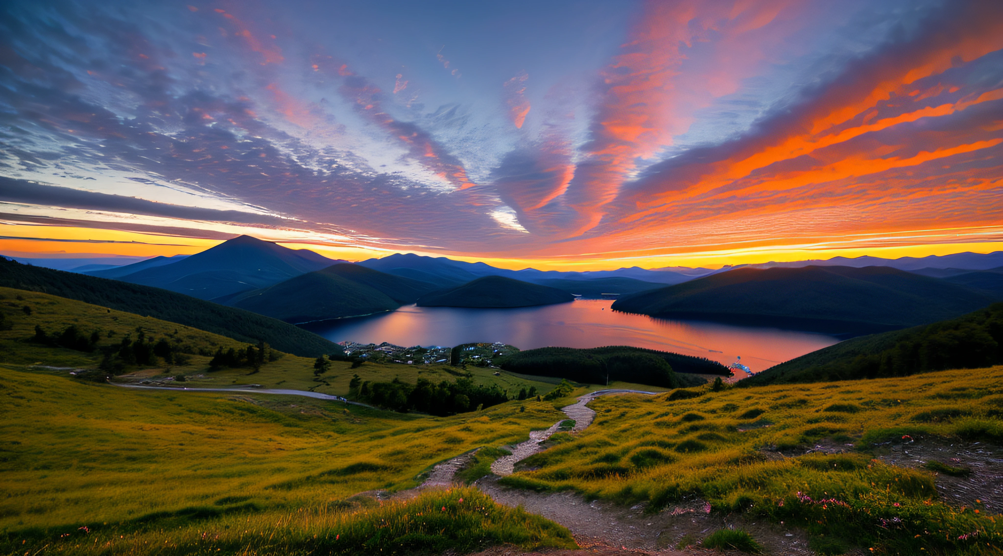Sunset on mountain, lago sob a montanha