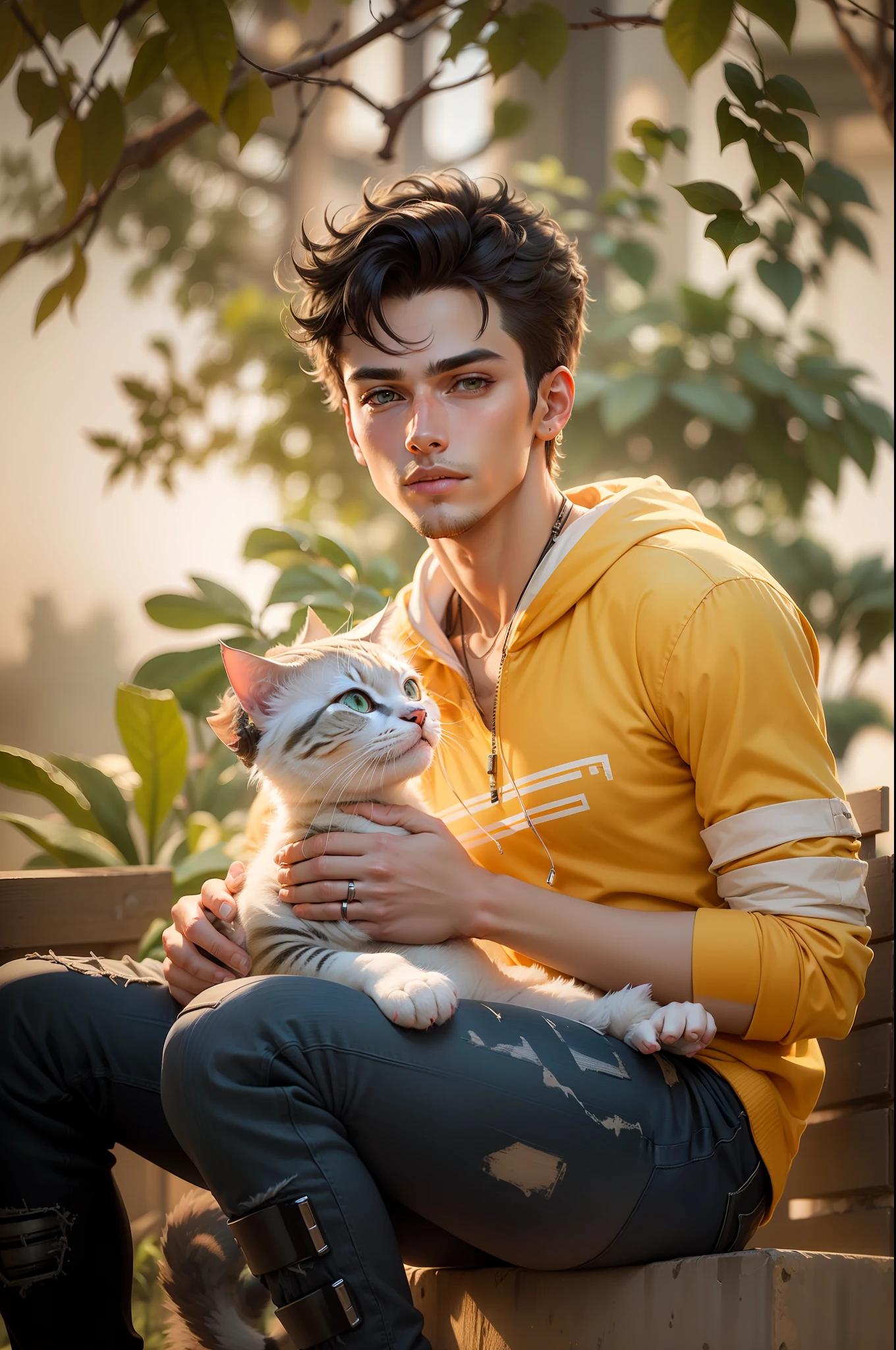 Background change cyberpunk handsome boy ultra realistic face with cat