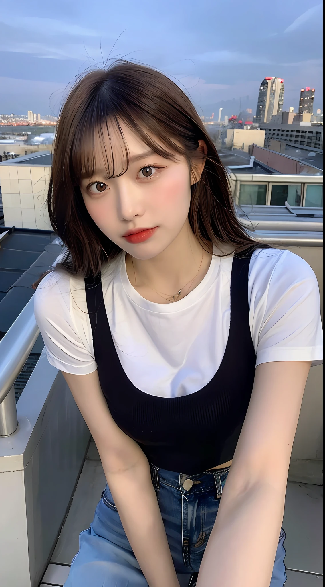 ((Midnight, Best quality, 8k, Masterpiece :1.3)), Whole body, Long legs, Sharp focus :1.2, A pretty woman with perfect figure :1.4, Slender abs :1.1, ((Dark brown hair, Big breasts :1.2)), (White tight tshirt, Jean bib, Standing:1.2), ((Night city view, Rooftop:1.3)), Highly detailed face and skin texture, Detailed eyes, Double eyelid