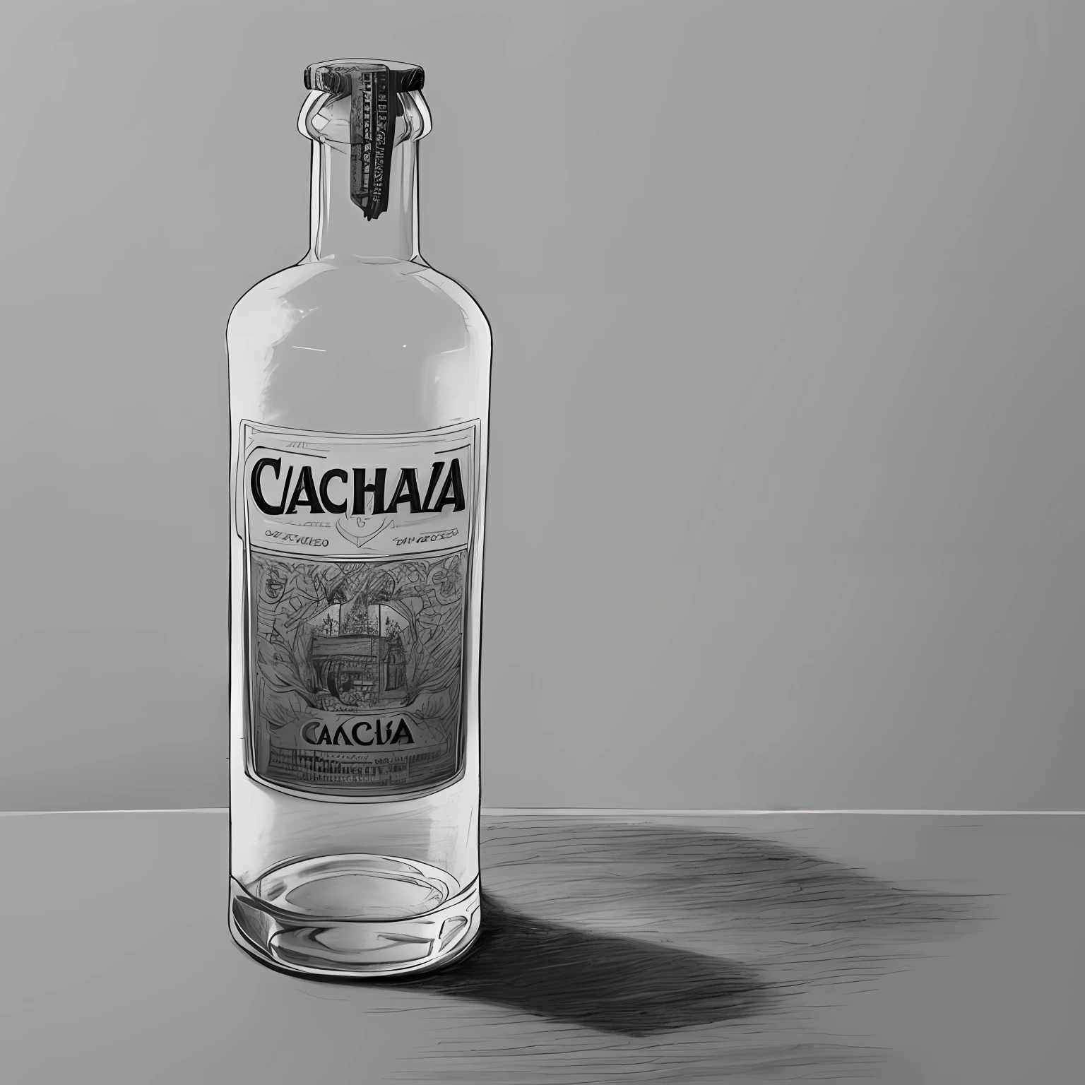 bottle of cachaça with an empty glass next to it, handmade black and white graphite pencil style drawing, fundo branco, garrafa, copo vazio, copo de vidro, copo