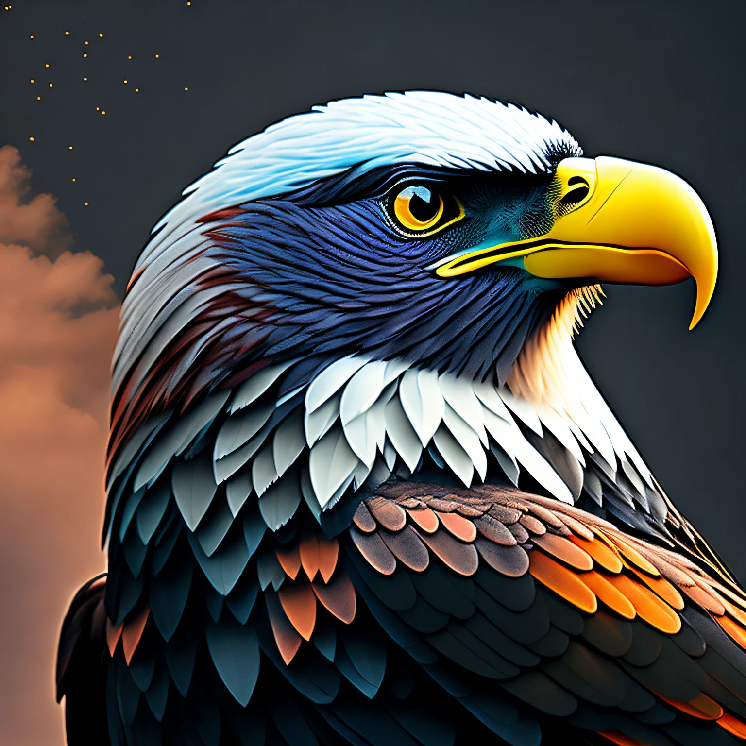 intrincado e colorido, (pintura digital:1.2) giant eagle, plumagem BRANCA E PRETO, de frente, voando com garras estendidas, arte conceitual, octano render, trending on Artstation, iolibt, vfx, Blender e Photoshop, octane render, excellent composition, cinematic atmosphere, dynamic dramatic cinematic lighting, aesthetics, muito inspirador, arthouse