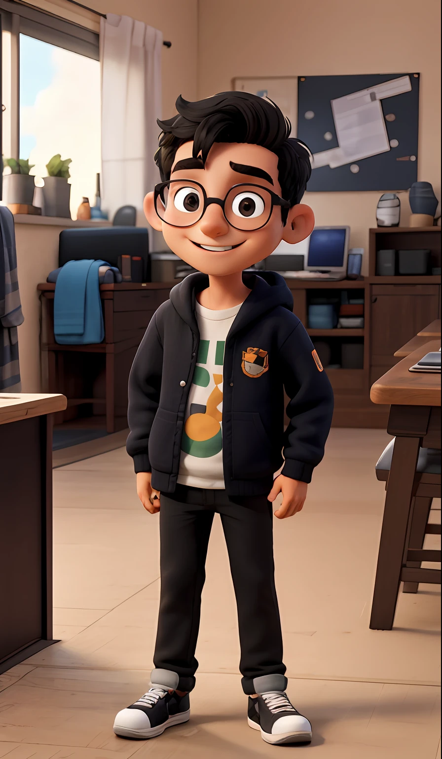 menino  anos, Athletic body with glasses, medium black hair, moletom preto com capus e tocando a tela do celular, sorrindo