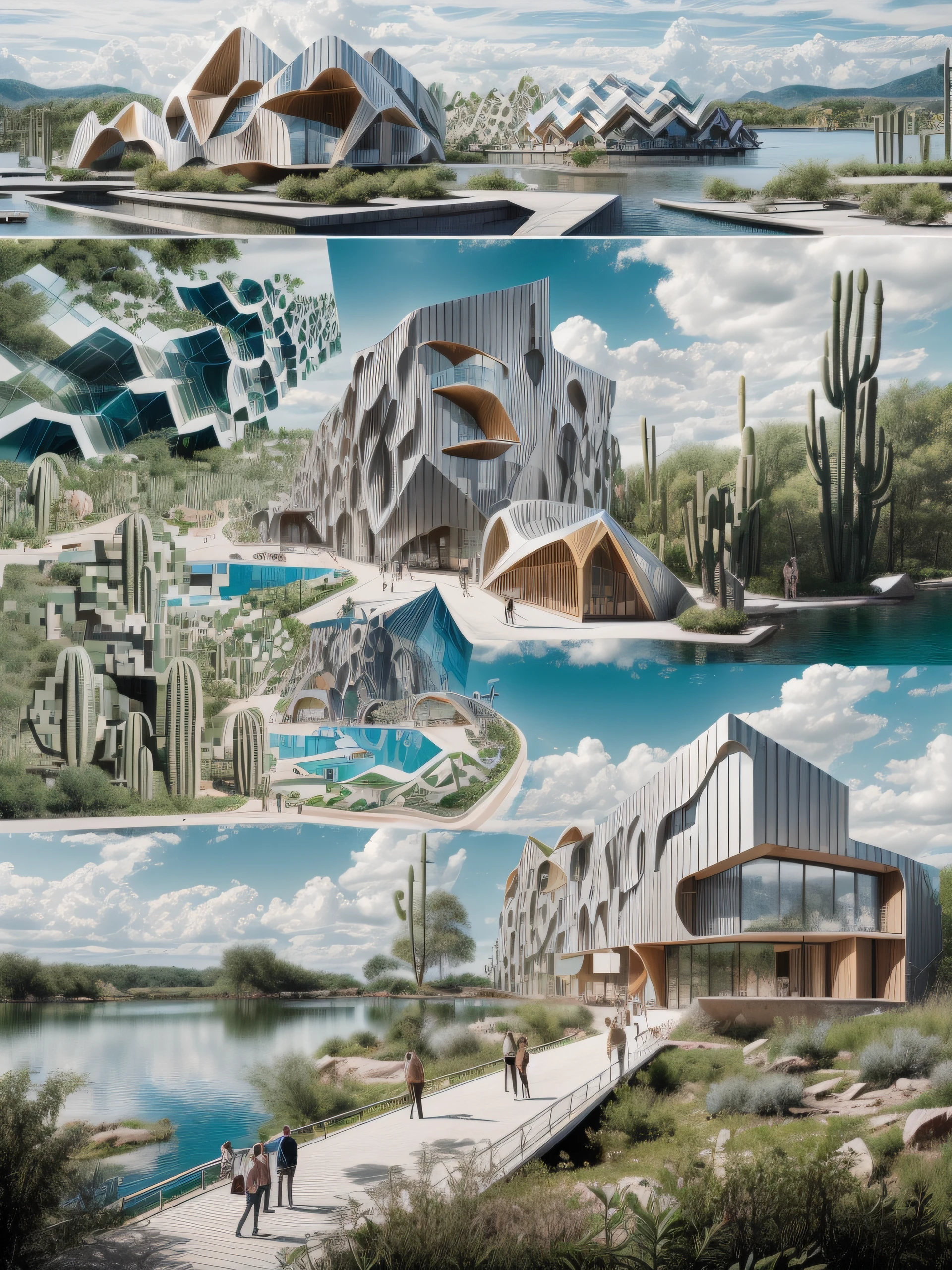 An illustration, ((collage style)), (((multiple Bjarke Ingels's style buildings))), (((Marie-Laure Cruschi's art style))), (sections), ((Desaturated colors)), Cbig boulders), ((lake)), cacti, (smooth clouds), a bridge, stairs, the moon, big buildings, abundant vegetation, bushes, (((big geometric sculptures)))