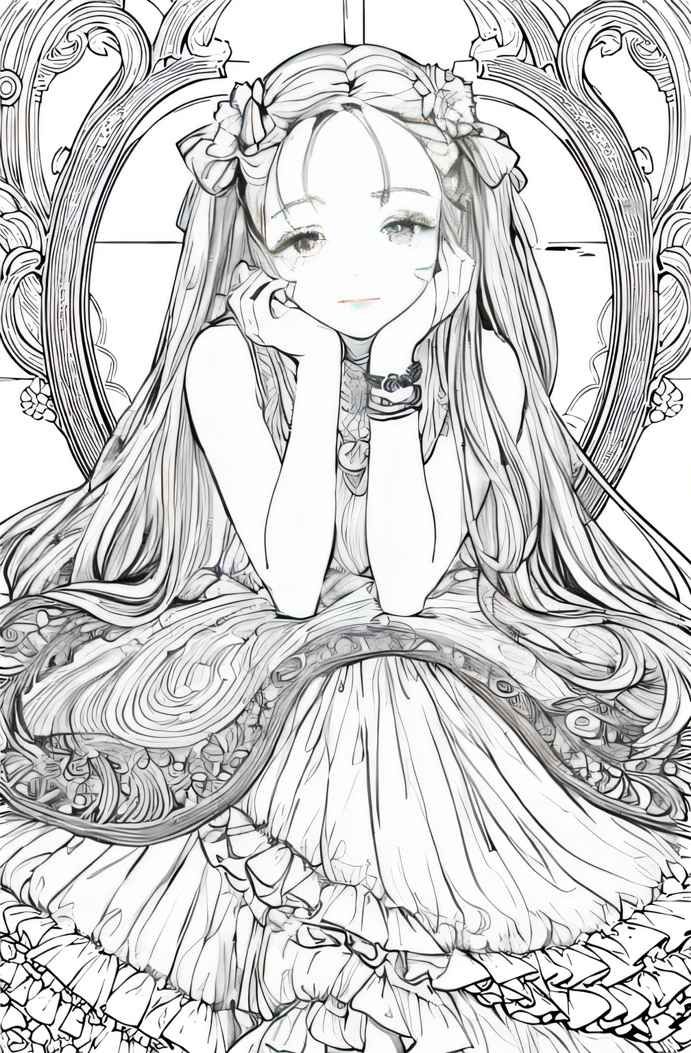 Una chica con un vestido con cabello largo y una corona de flores, Hermoso arte lineal, Lineart de tinta extremadamente fina, Lineart perfecto, Lineart limpio, exquisite line art, Arte lineal, Arte lineal detallado, intrincado Arte lineal, Dibujo de arte lineal para colorear, LineArt Behance HD, Estilo manga detallado, Lineart de bola, Lineart simple, Chica anime con pelo largo --auto