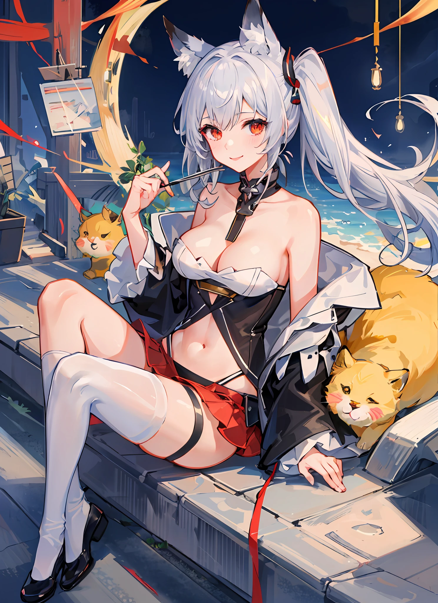 1girl, hair long, bellybutton, yuudachi_\(azur_lane\), breast cleavage, pigtails, Bottomless pit, solo, animal_ears, looking_at_viewer, collarbones, white_legwear, Blushlush, silver_hair, very_long_hair, puffy_sleeves, tummy, sitting, smile, animal_ear_fluff,HighQuality,Perfect details