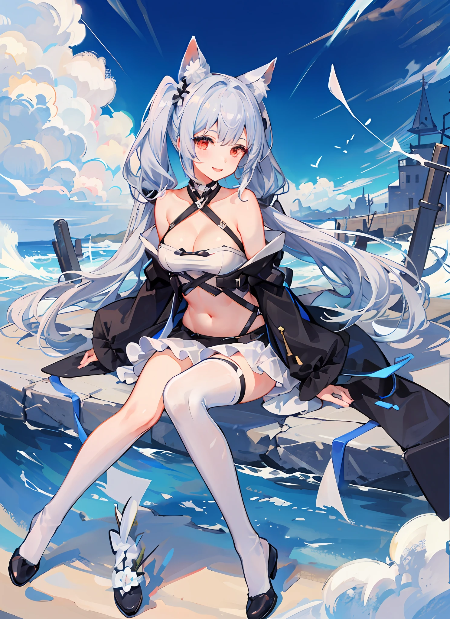 1girl, hair long, bellybutton, yuudachi_\(azur_lane\), breast cleavage, pigtails, Bottomless pit, solo, animal_ears, looking_at_viewer, collarbones, white_legwear, Blushlush, silver_hair, very_long_hair, puffy_sleeves, tummy, sitting, smile, animal_ear_fluff,HighQuality,Perfect details