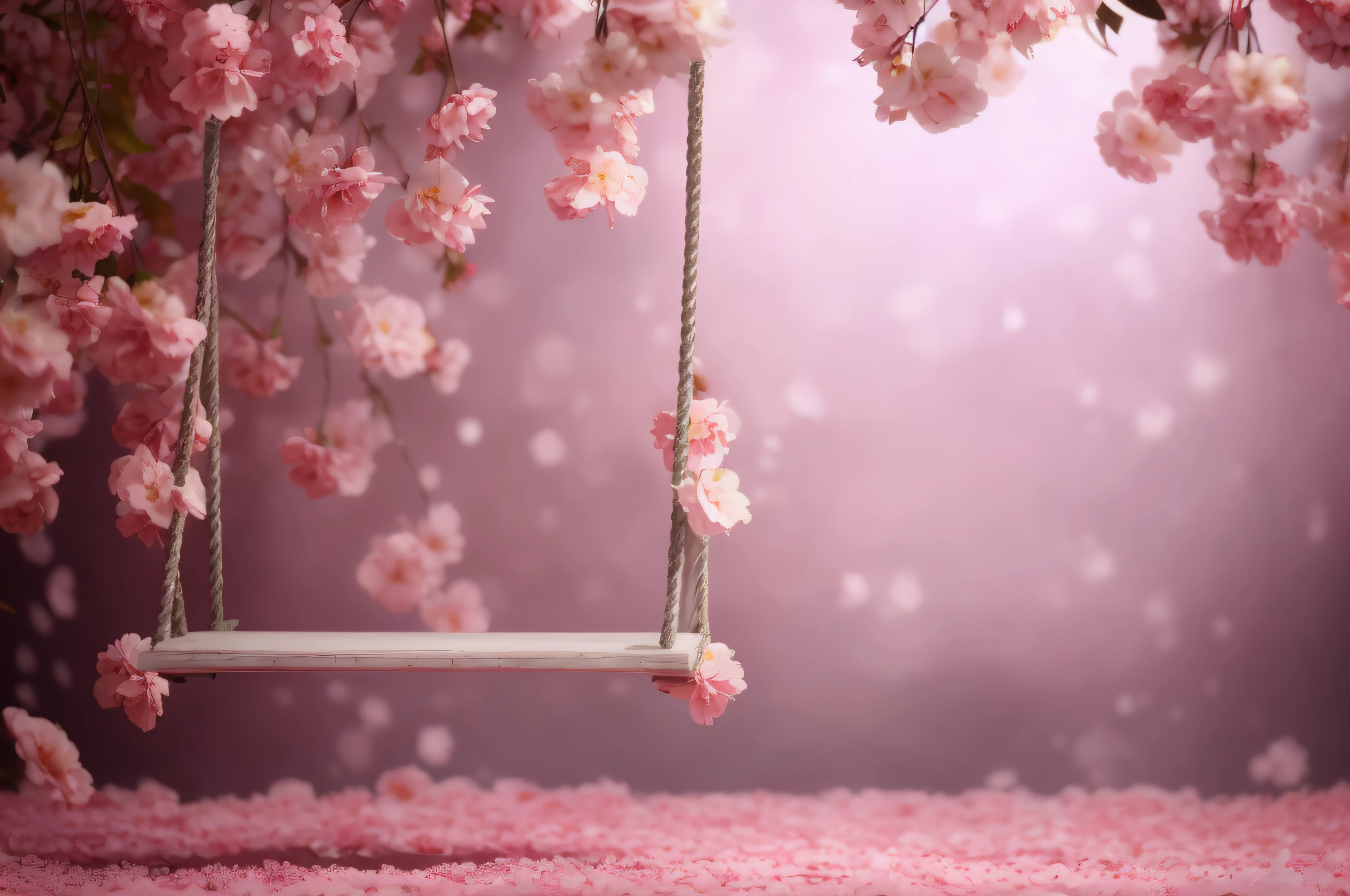there is a swing with flowers hanging from it in the air, falling cherry blossoms pedals, falling cherry blossom pedals, flowers in background, photo studio background, still life photo of a backdrop, beatiful backgrounds, cherry blossom background, dreamy floral background, sakura blooming on background, pink background, dreamy scene, swings, flower background, soft light 4 k in pink