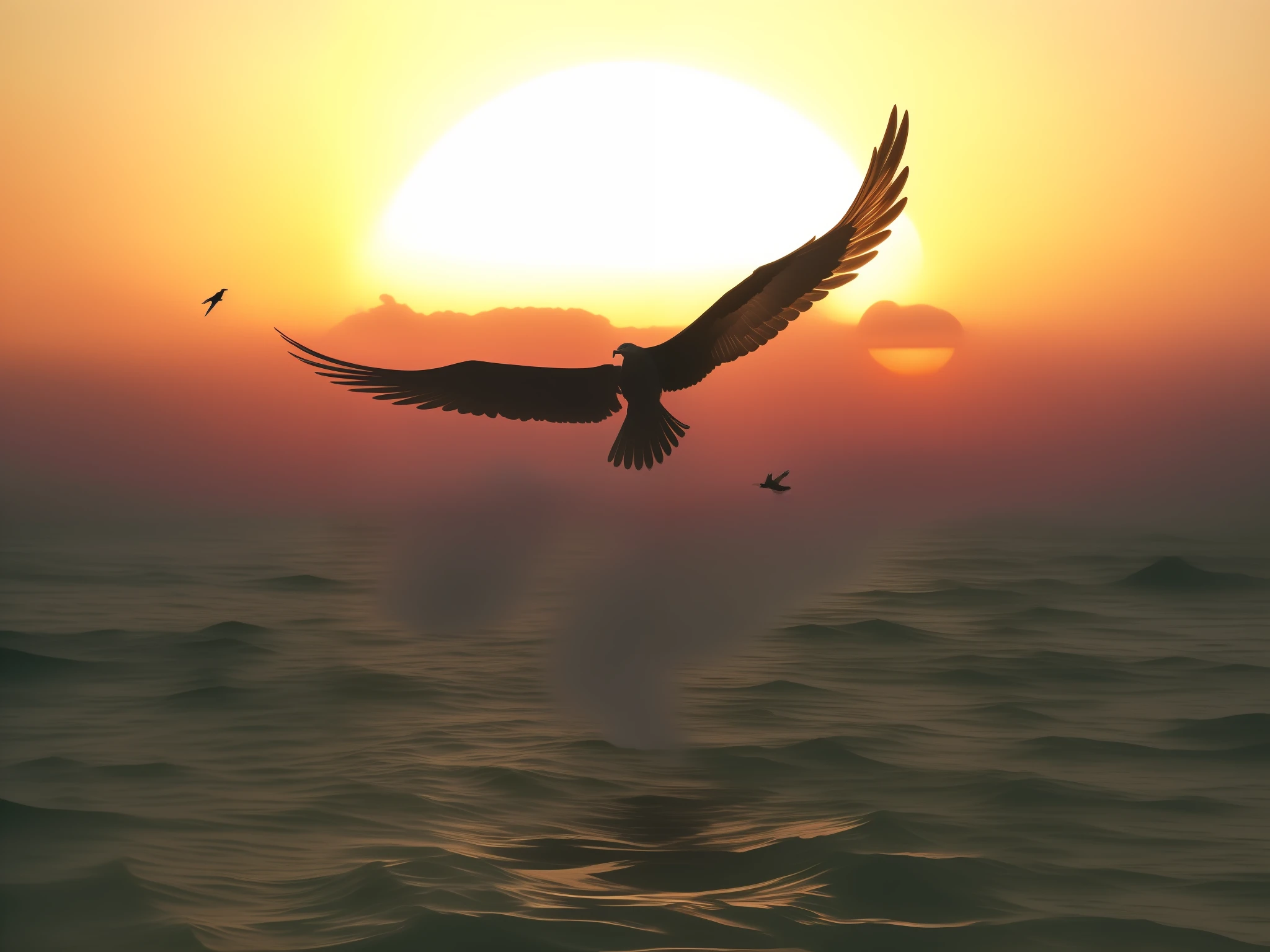 sunset over the ocean with a bird flying over the water, flying through sunset, bird flying out of water, rising from ocean, flying over the ocean, rising from ocean, phoenix rising, ophanim has bird wings, in the sunset, flying around the bird, Phoenix, an eagle flying, outstretched wings, Soaring, beautiful image ever created