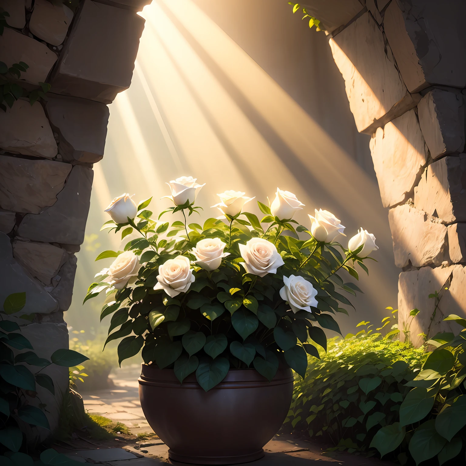 big white roses with pretty green leaves illuminated by sunrays in ultra realistic environment 8k --auto