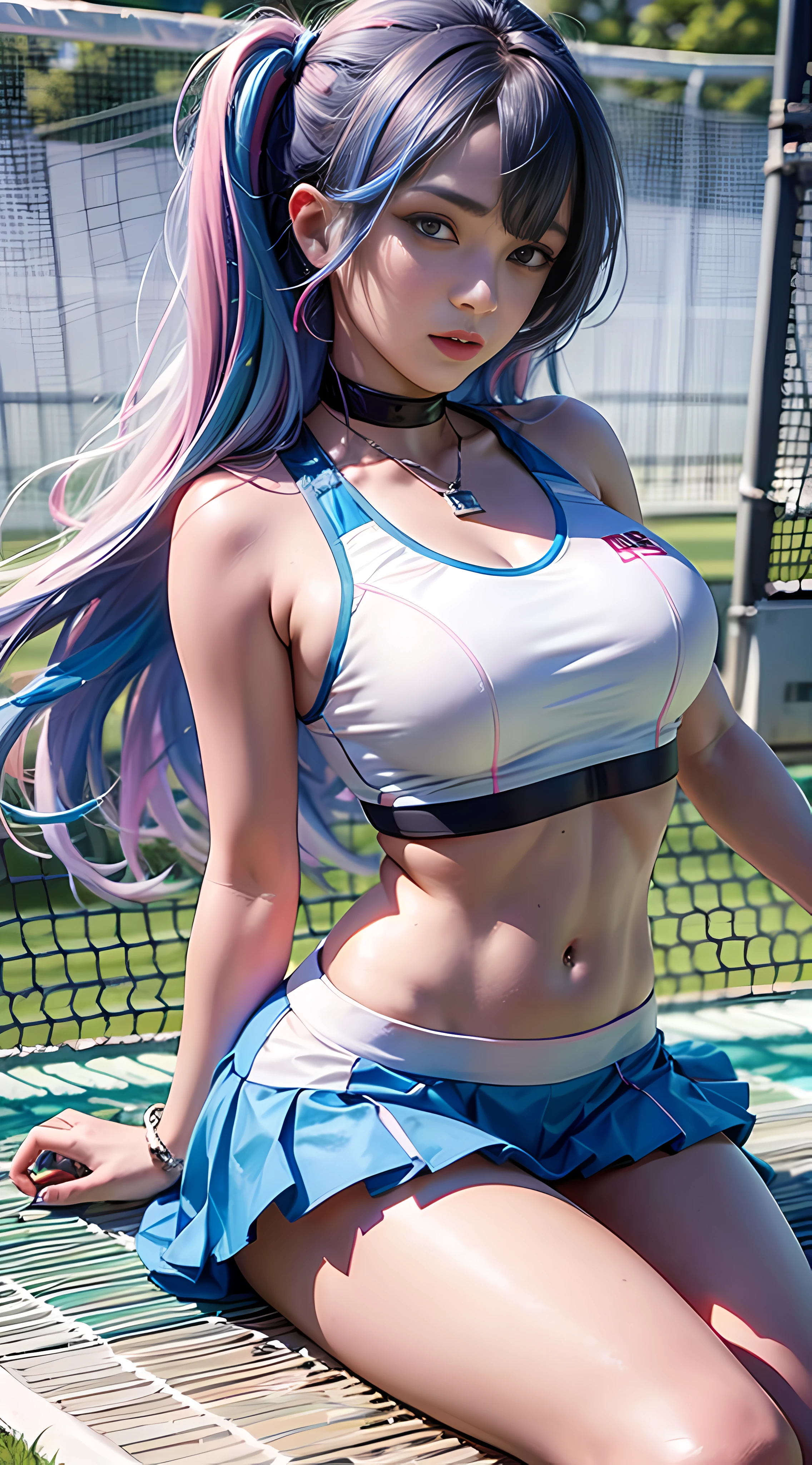 Ultra high quality，8K，Don't miss your fingers，1女孩，Sports Girl，Blue-pink hair，Sports close-up，miniskirts，Play tennis on the lawn，Dopamine girls