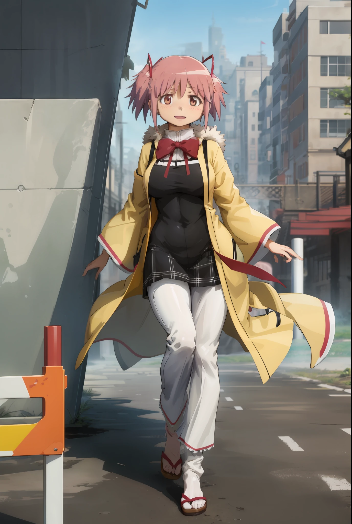 1girl, solo, madoka, school uniform, black skirt, happy,, tomboy, short hair, musclegirl,huge breast,kemono mimi,full body suit,kimono, alone, , village waiting to st, long dress, full clothed,yellow eyes,pole-shirt, militari uniforme,fur clothing,, village, forest,, pants, long skirt, long dress, long robe, coat, vest, butler,village, forest, europe,