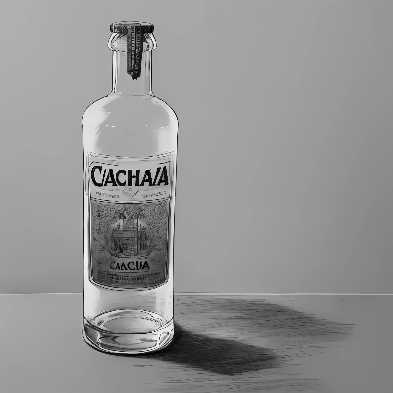 bottle of cachaça with an empty glass next to it, handmade black and white graphite pencil style drawing, fundo branco, garrafa, copo vazio, copo de vidro, copo, inserir copo