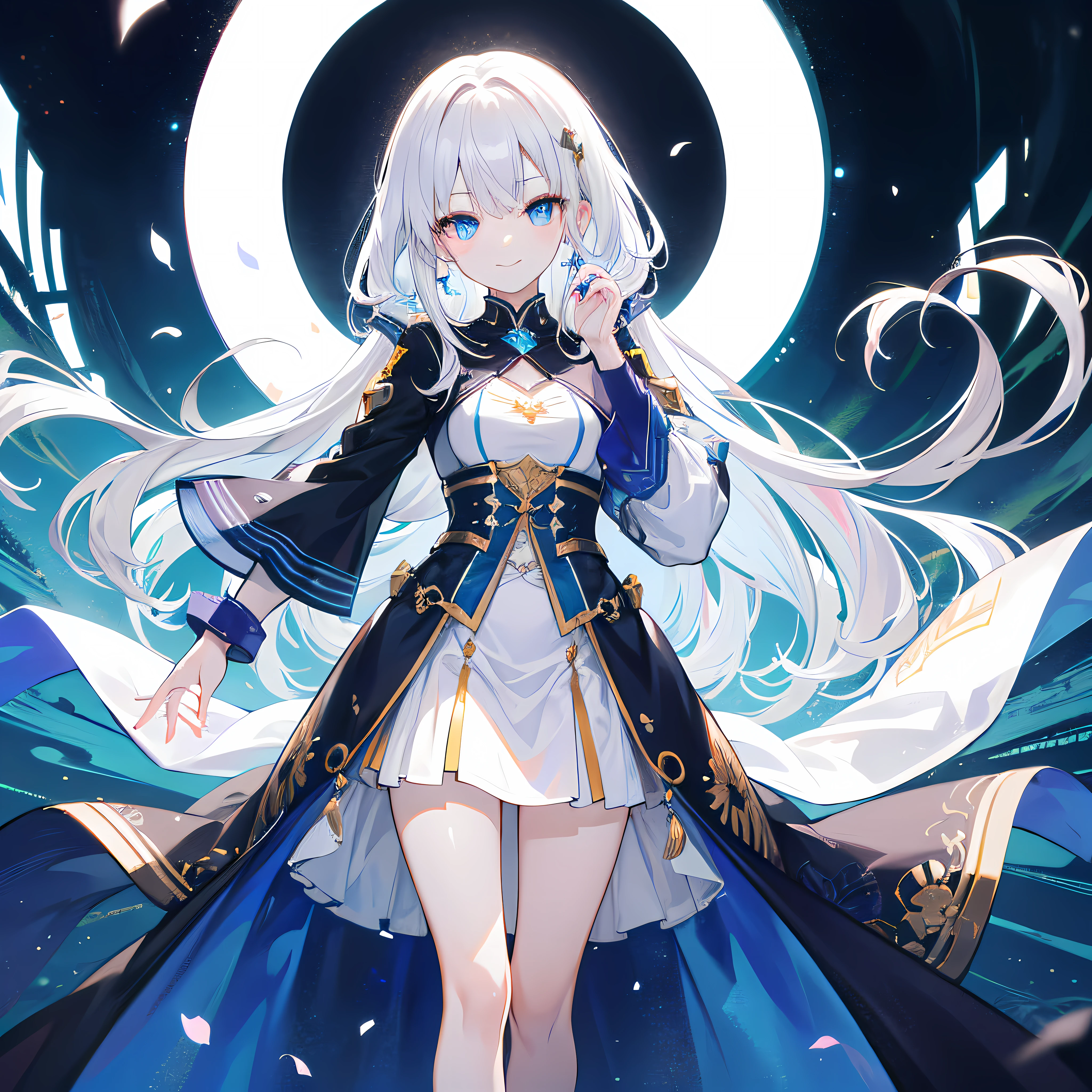 Two-dimensional girl, white hair, Blue eyes, Smileing, fair-skinned, with shiny skin, High Picture Quality, well detailed, White nail polish, White hair, Long hair, Smileing, Anime, tachi-e, Lens flare, Ultrahigh definition, Masterpiece, Textured skin, super-detail, highdetail, High quality, Best quality, high res, High-definition full-body photo