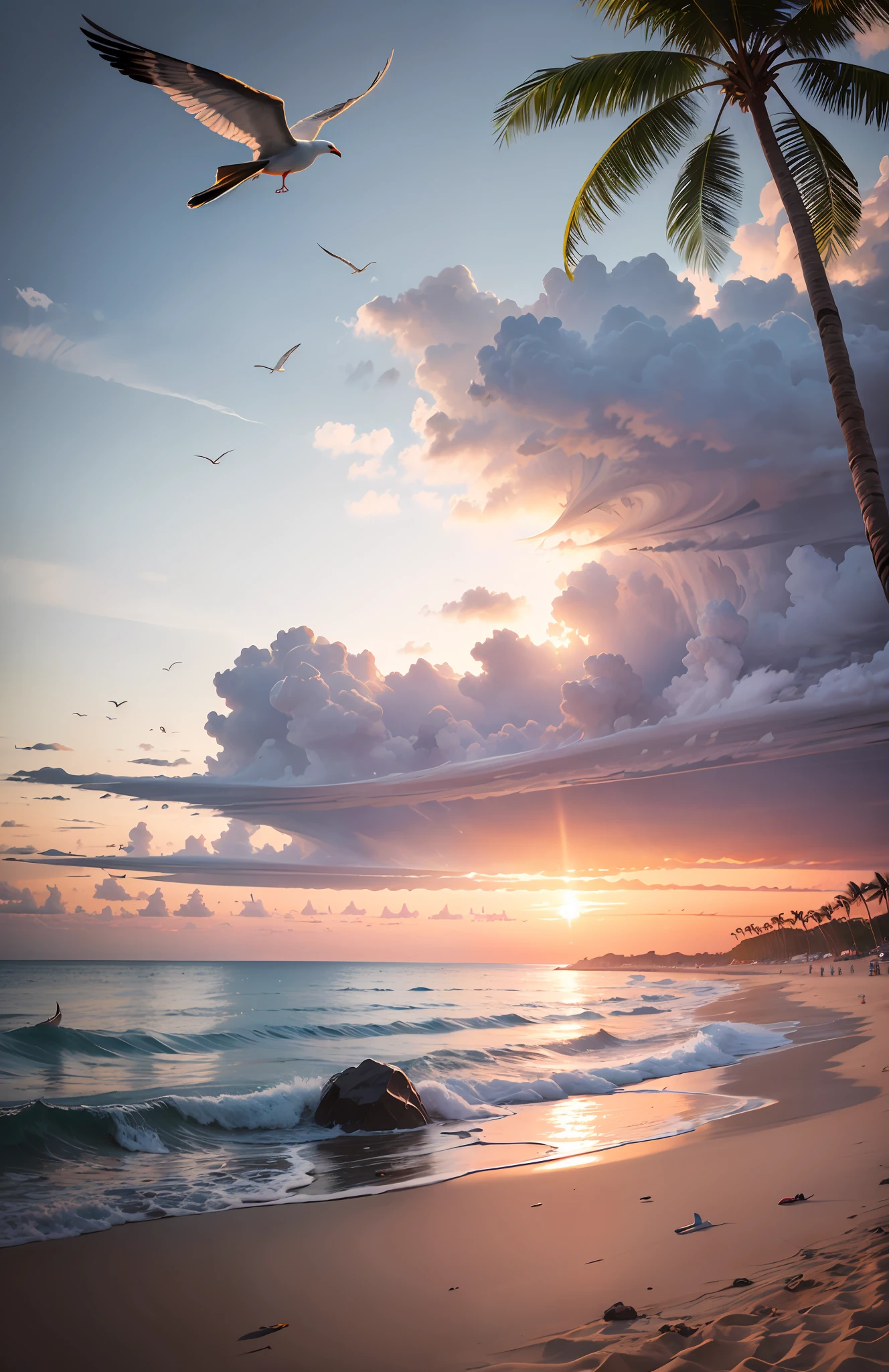 The beach is covered with colorful transparent smooth stones: 1.5, an absolutely mesmerizing sunset on the beach with a mix of orange, pink and yellow in the sky. The water is crystal clear, gently kissing the shore, and the white sand beach stretches as far as the eye can see. The scene is dynamic and breathtaking, with seagulls soaring high in the sky and palm trees gently swaying. Soak up the calming atmosphere and let tranquility envelop you. --auto