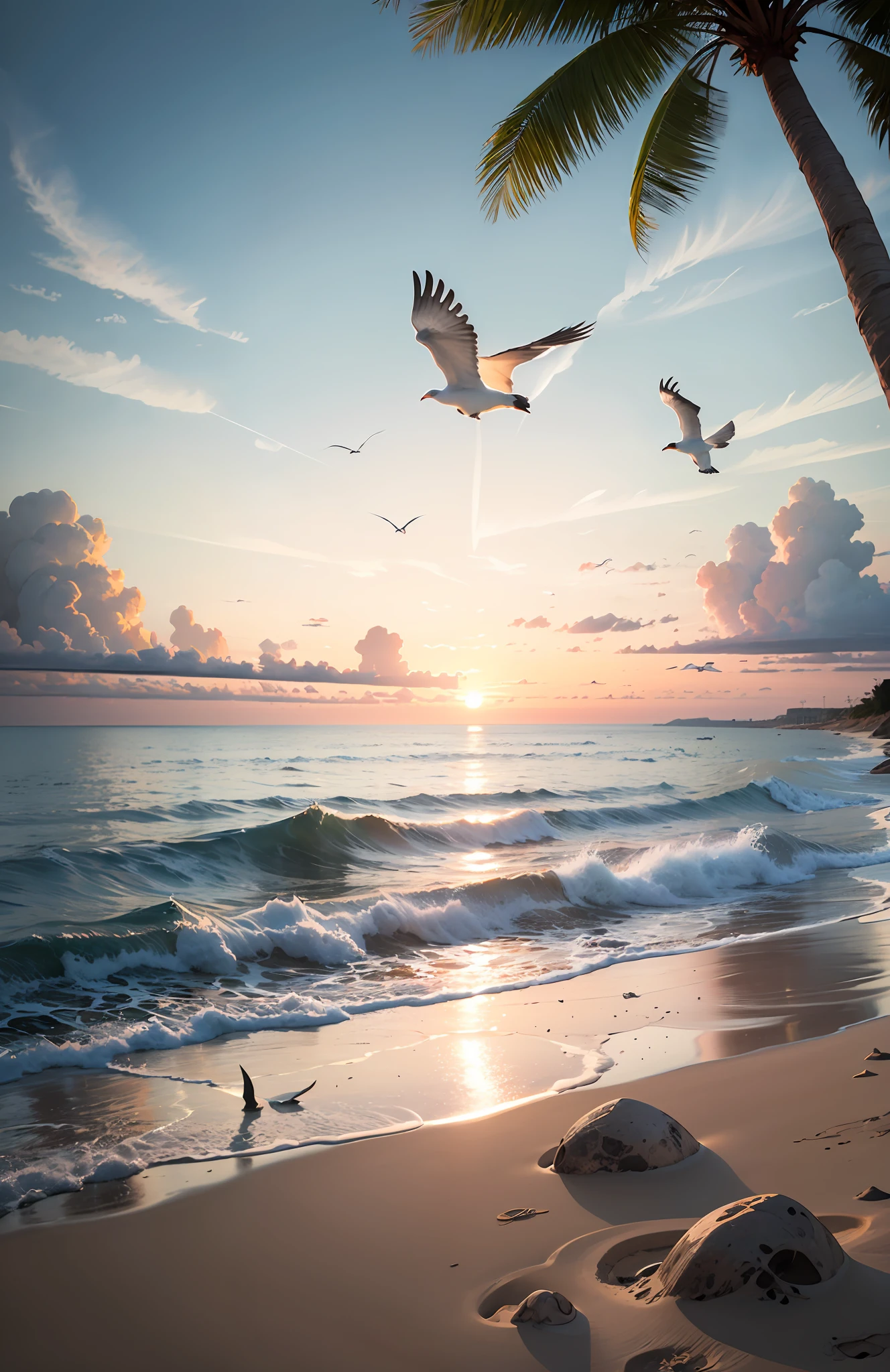 The beach is covered with colorful transparent smooth stones: 1.5, an absolutely mesmerizing sunset on the beach with a mix of orange, pink and yellow in the sky. The water is crystal clear, gently kissing the shore, and the white sand beach stretches as far as the eye can see. The scene is dynamic and breathtaking, with seagulls soaring high in the sky and palm trees gently swaying. Soak up the calming atmosphere and let tranquility envelop you. --auto
