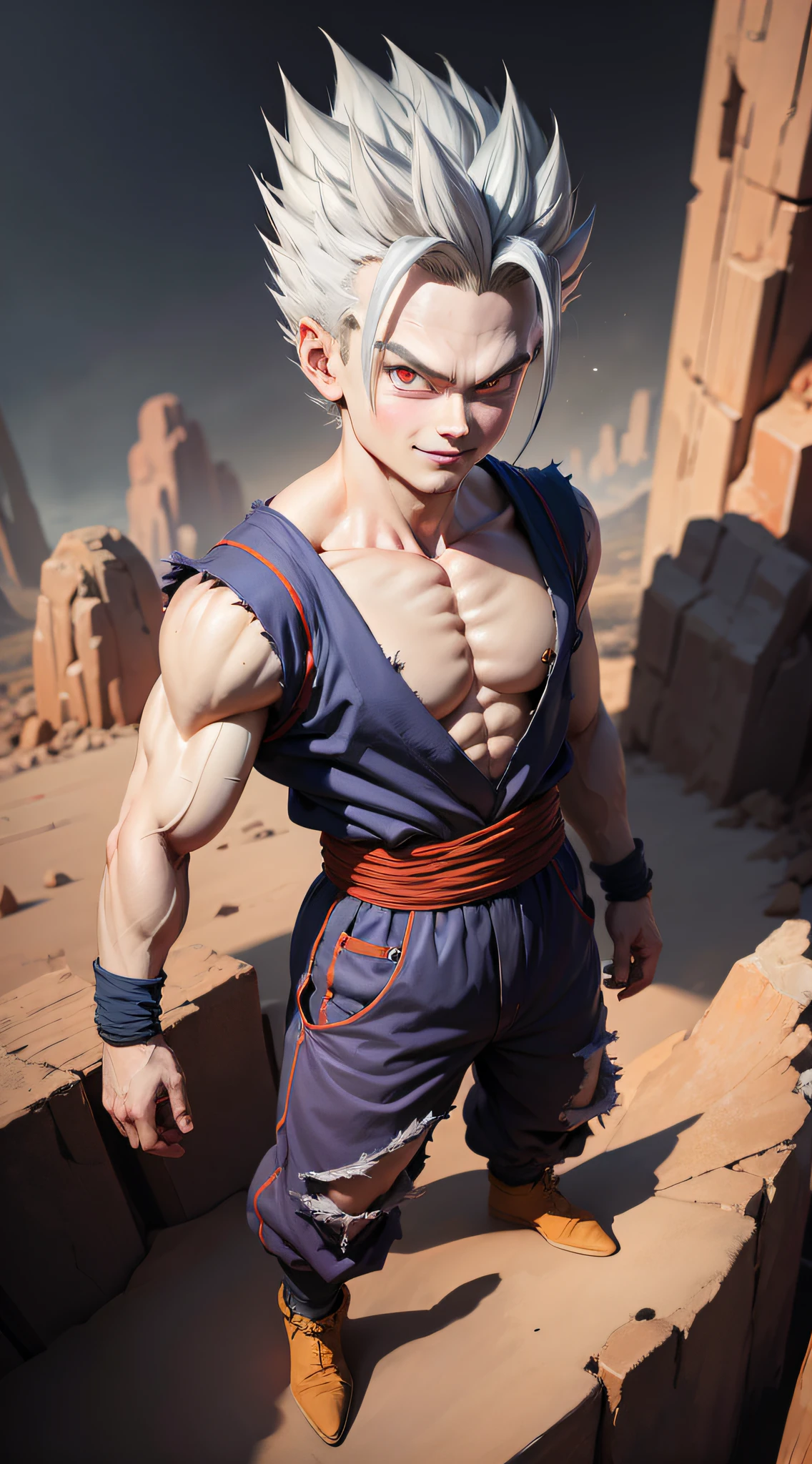 masterpiece, best quality, ultra-detailed, Adult Gohan 1boy, solo, Full body, evil smile, grey hair, spiked hair, red eyes, dougi, full body, looking at viewer, male focus, earth \(planet\), planet, space, cracked ground and rocks rising up, rubble rising,