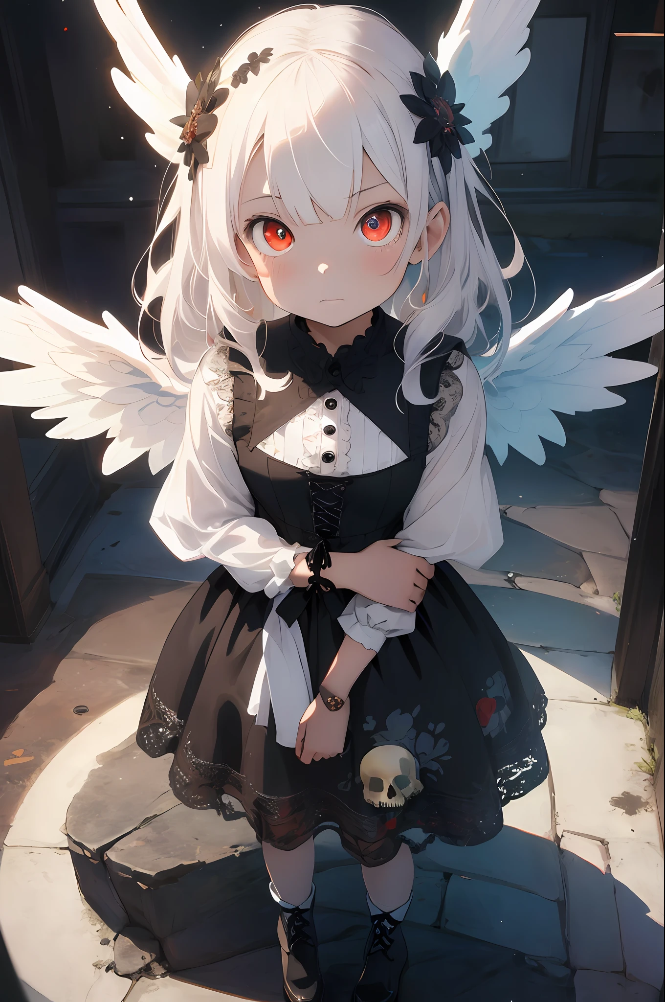 (masterpiece, absurd quality, best quality, official art, beautiful and aesthetic:1.2), (1 small girl:1.4), extreme detailed, (fractal art:1.3), colorful, highest detailed, vivid color, from above,
angel, albino, babyface, hugging the skull,
dark light, fluffy white frilly dress, white lace-up short boots, fluffy angel wings, pure white long hair, beautiful detailed red eyes, glaring at viewer, lots of skulls,