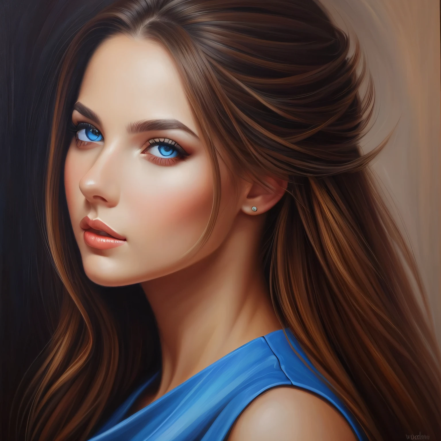 painting of a woman, in a blue dress, top model, very beautiful detailed and hyper realistic eyes, painting, vadimir Volegov --auto