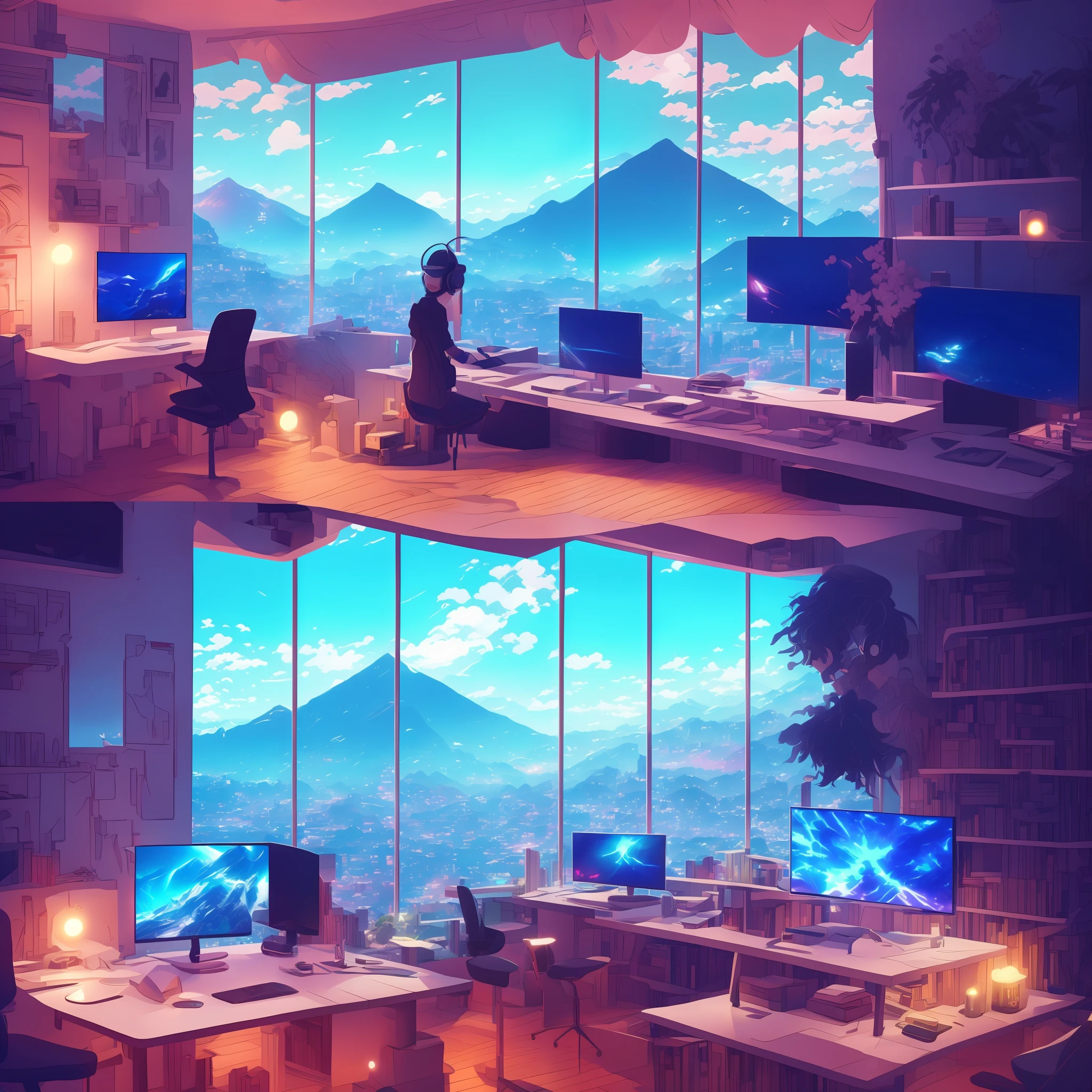  branca, cabelos pretos com as pontas amarelos estilo anime, with gamer headset scenario gamer room with leds, janela com uma bela paisagem noturna --auto