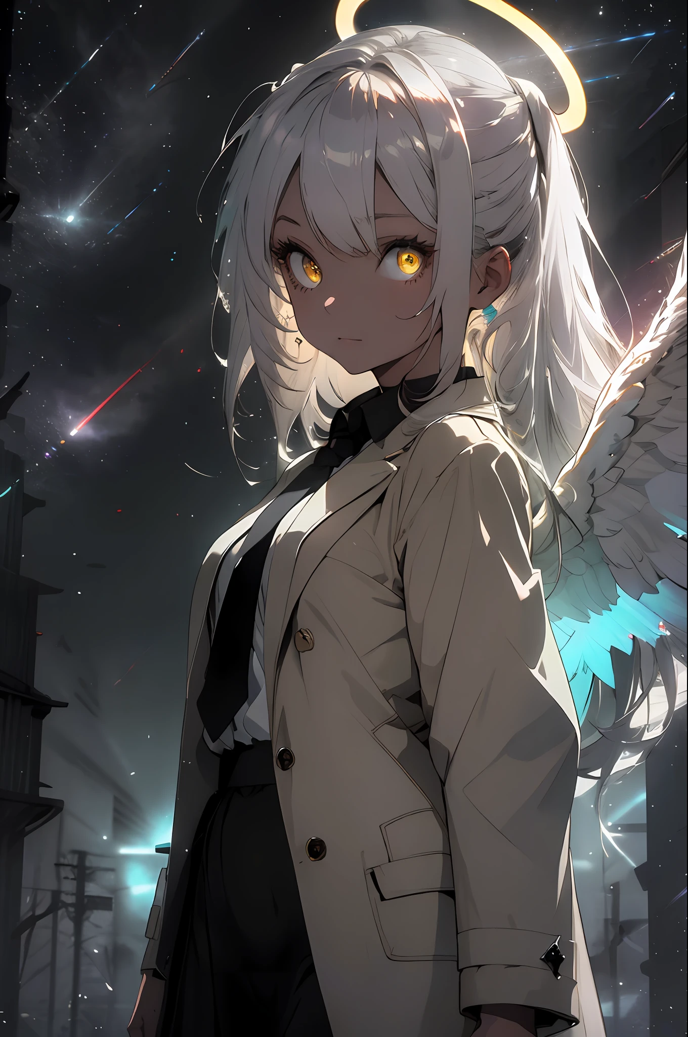 (masterpiece, best quality:1.3), (ultra-detailed:1.3), 1girl, solo, (white hair, messy hair, long hair), (angel wings, angel halo), flat chest, yellow eyes, (white shirt, black necktie, black coat, open coat), cowboy shot, cinematic lighting, (((glowing light particles))), (arms behind back), dynamic angle,