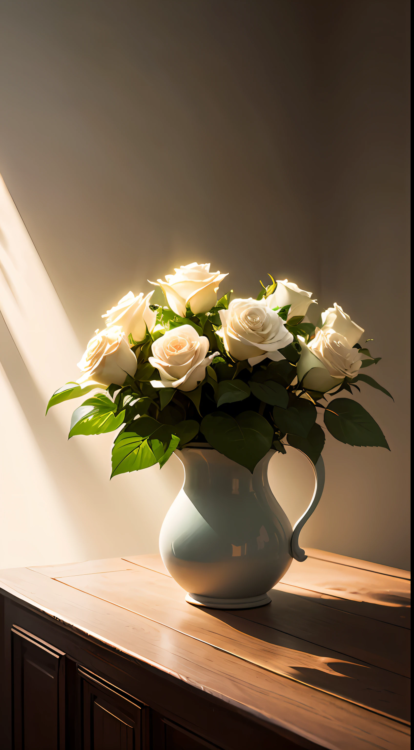 big white roses with pretty green leaves illuminated by sunrays in ultra realistic environment